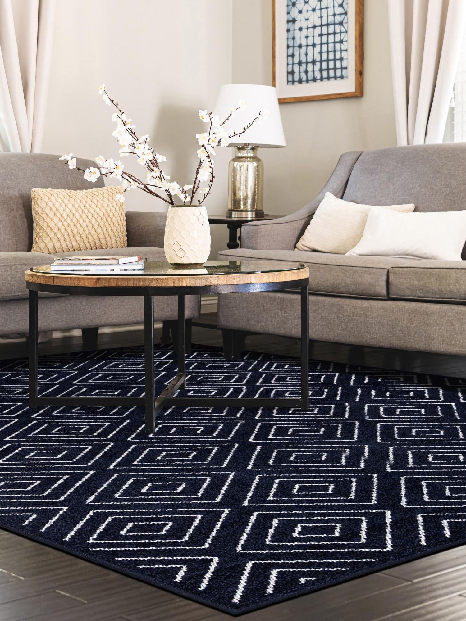 Navy Blue 7' 10 x 10' Sabrina Soto Outdoor Rectangle Area Rug Weather Resistant for Patio, Deck, Terrace, Balcony, Porch Durable Carpet for Exterior Home Design for Sale at Rug Engine