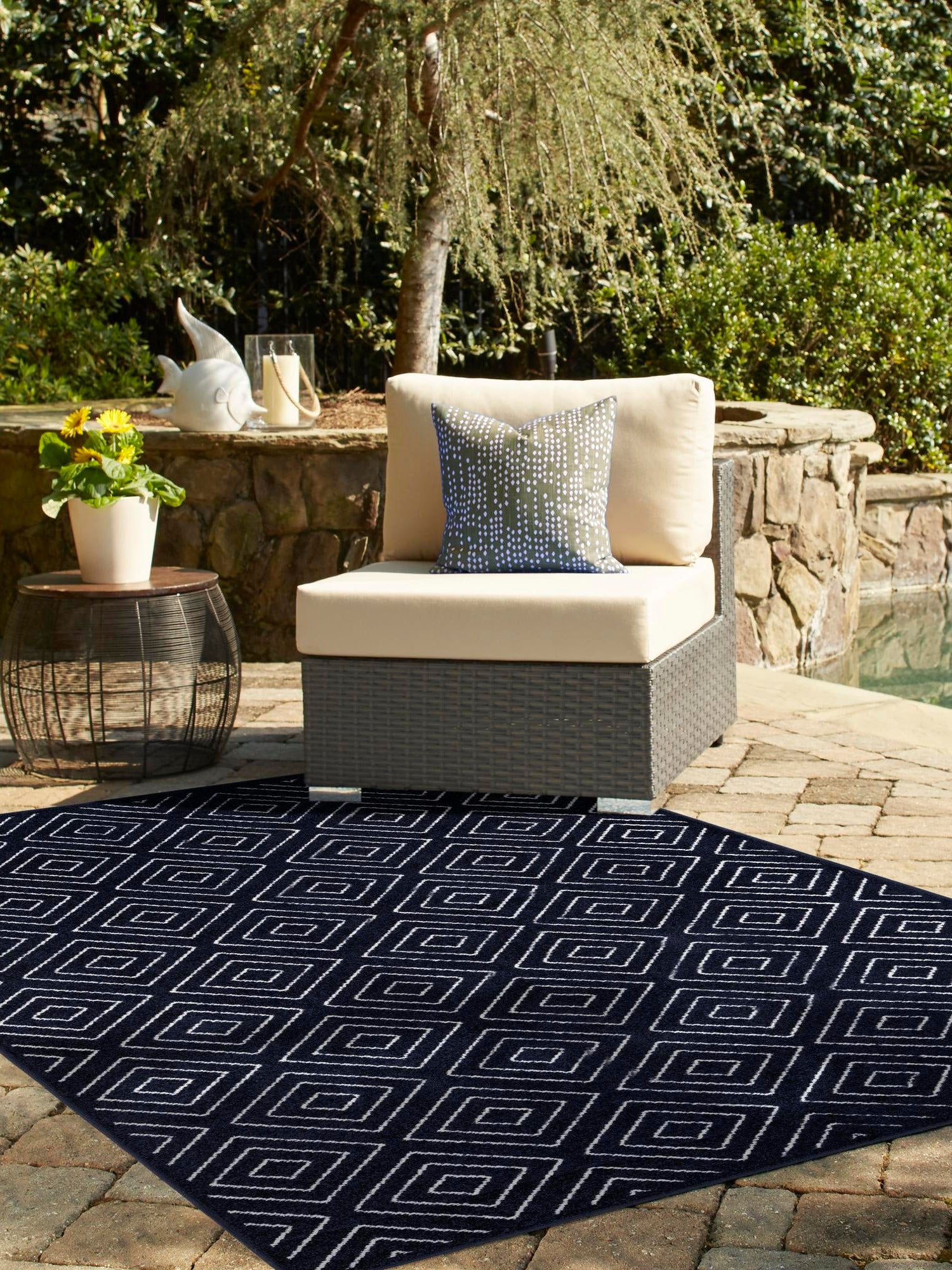 Navy Blue 4' 1 x 6' 1 Sabrina Soto Outdoor Rectangle Area Rug Weather Resistant for Patio, Deck, Terrace, Balcony, Porch Durable Carpet for Exterior Home Design for Sale at Rug Engine