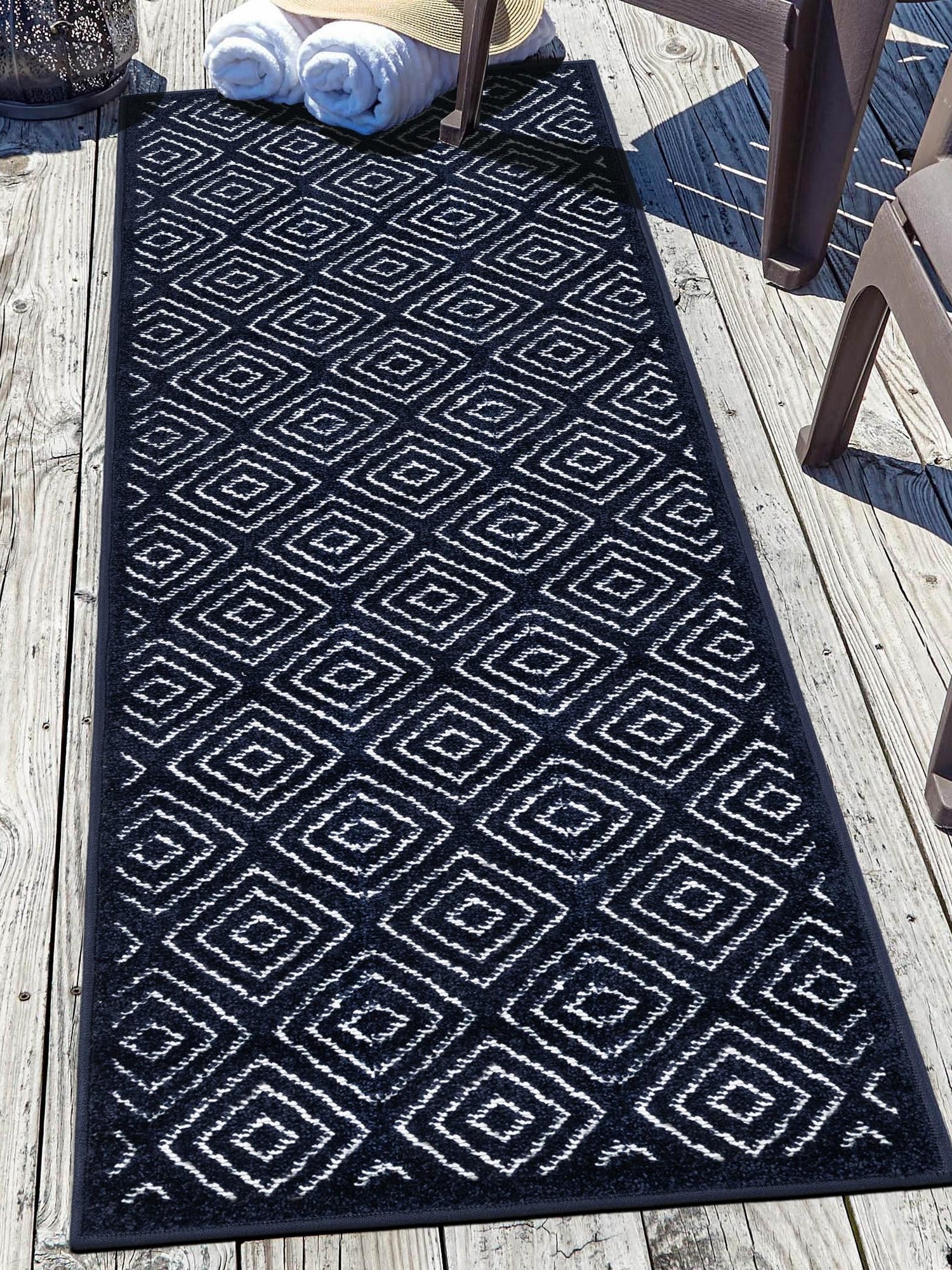 Navy Blue 2' 7 x 12' Sabrina Soto Outdoor Runner Area Rug Weather Resistant for Patio, Deck, Terrace, Balcony, Porch Durable Carpet for Exterior Home Design for Sale at Rug Engine