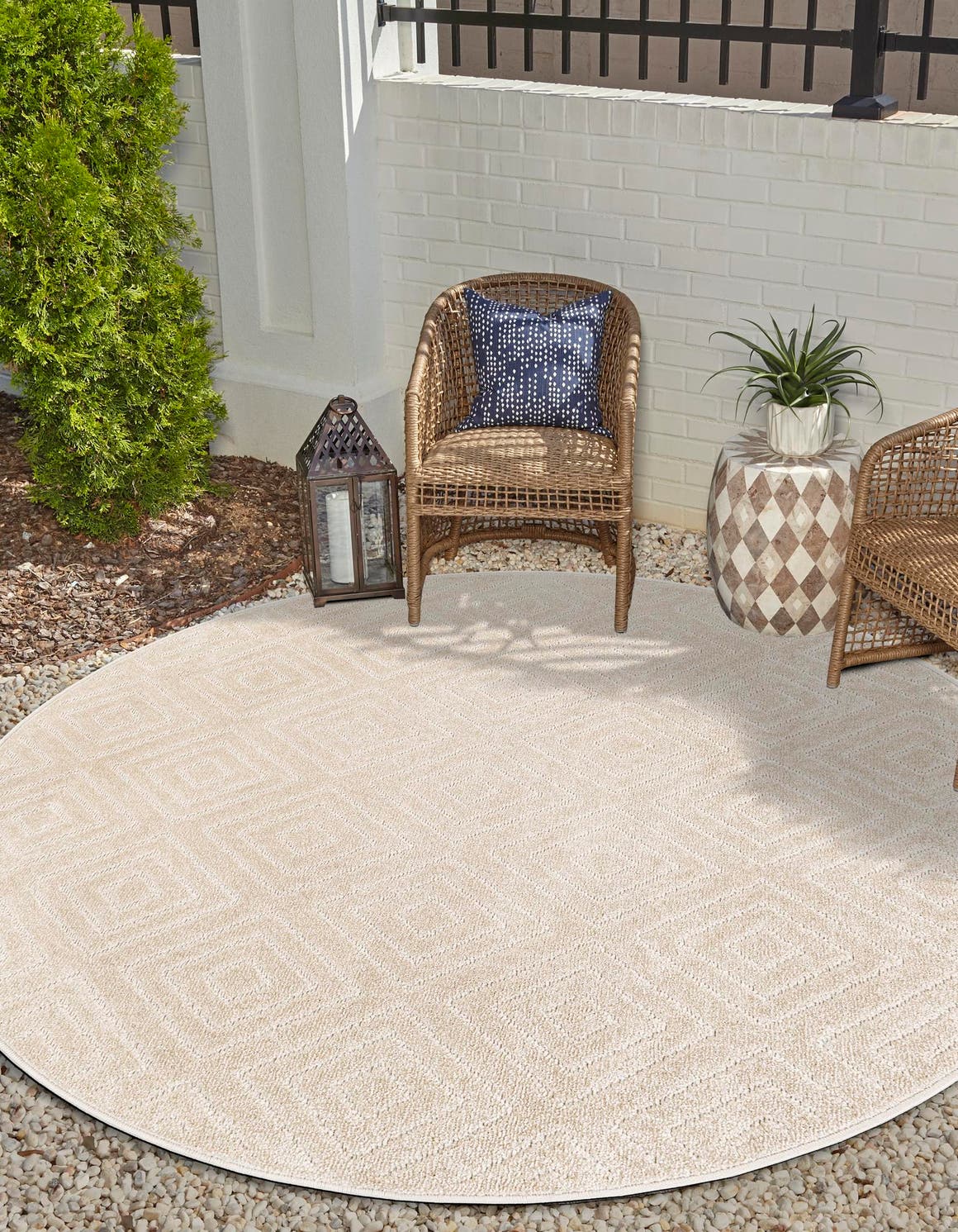 Beige 3' 1 x 3' 1 Sabrina Soto Outdoor Round Area Rug Weather Resistant for Patio, Deck, Terrace, Balcony, Porch Durable Carpet for Exterior Home Design for Sale at Rug Engine