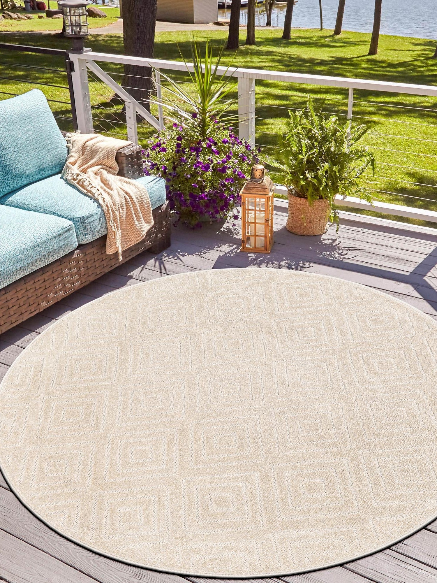 Beige 10' x 10' Sabrina Soto Outdoor Round Area Rug Weather Resistant for Patio, Deck, Terrace, Balcony, Porch Durable Carpet for Exterior Home Design for Sale at Rug Engine