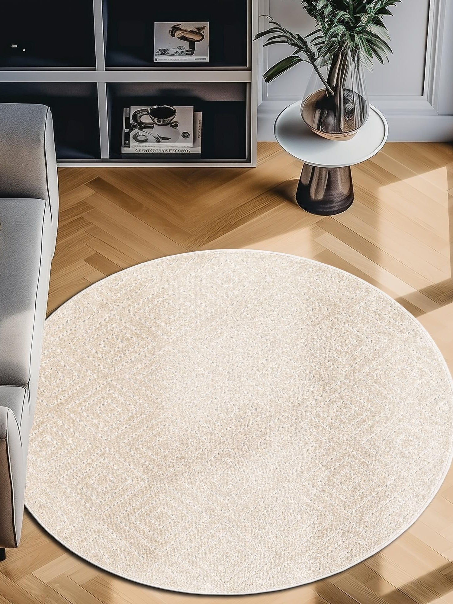 Beige 3' 1 x 3' 1 Sabrina Soto Outdoor Round Area Rug Weather Resistant for Patio, Deck, Terrace, Balcony, Porch Durable Carpet for Exterior Home Design for Sale at Rug Engine