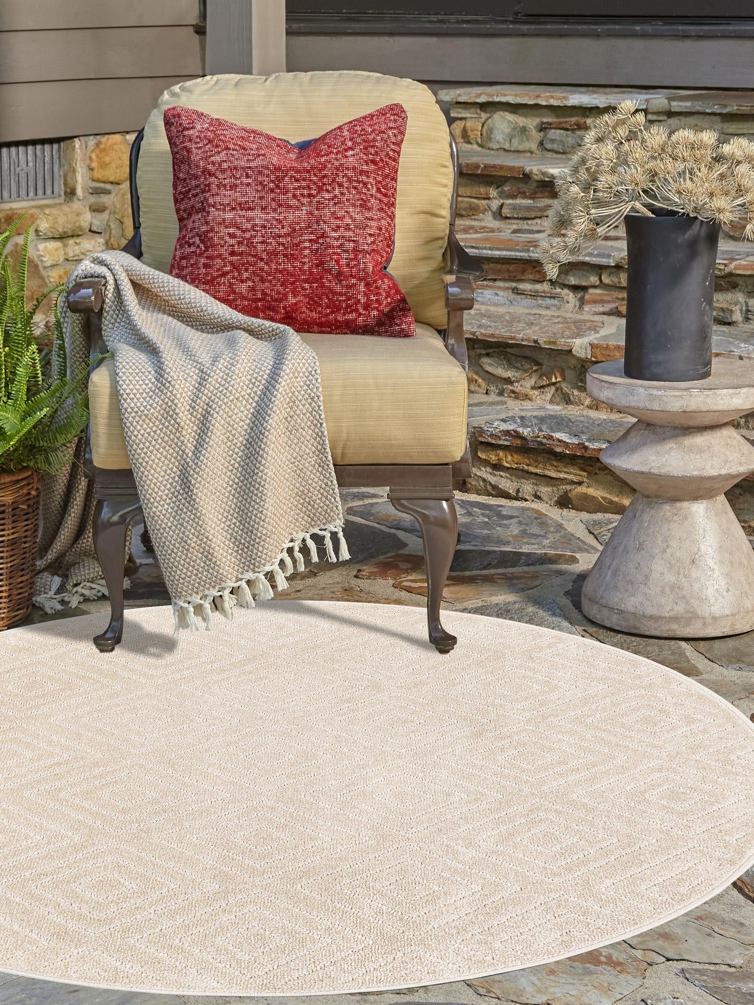 Beige 10' x 10' Sabrina Soto Outdoor Round Area Rug Weather Resistant for Patio, Deck, Terrace, Balcony, Porch Durable Carpet for Exterior Home Design for Sale at Rug Engine