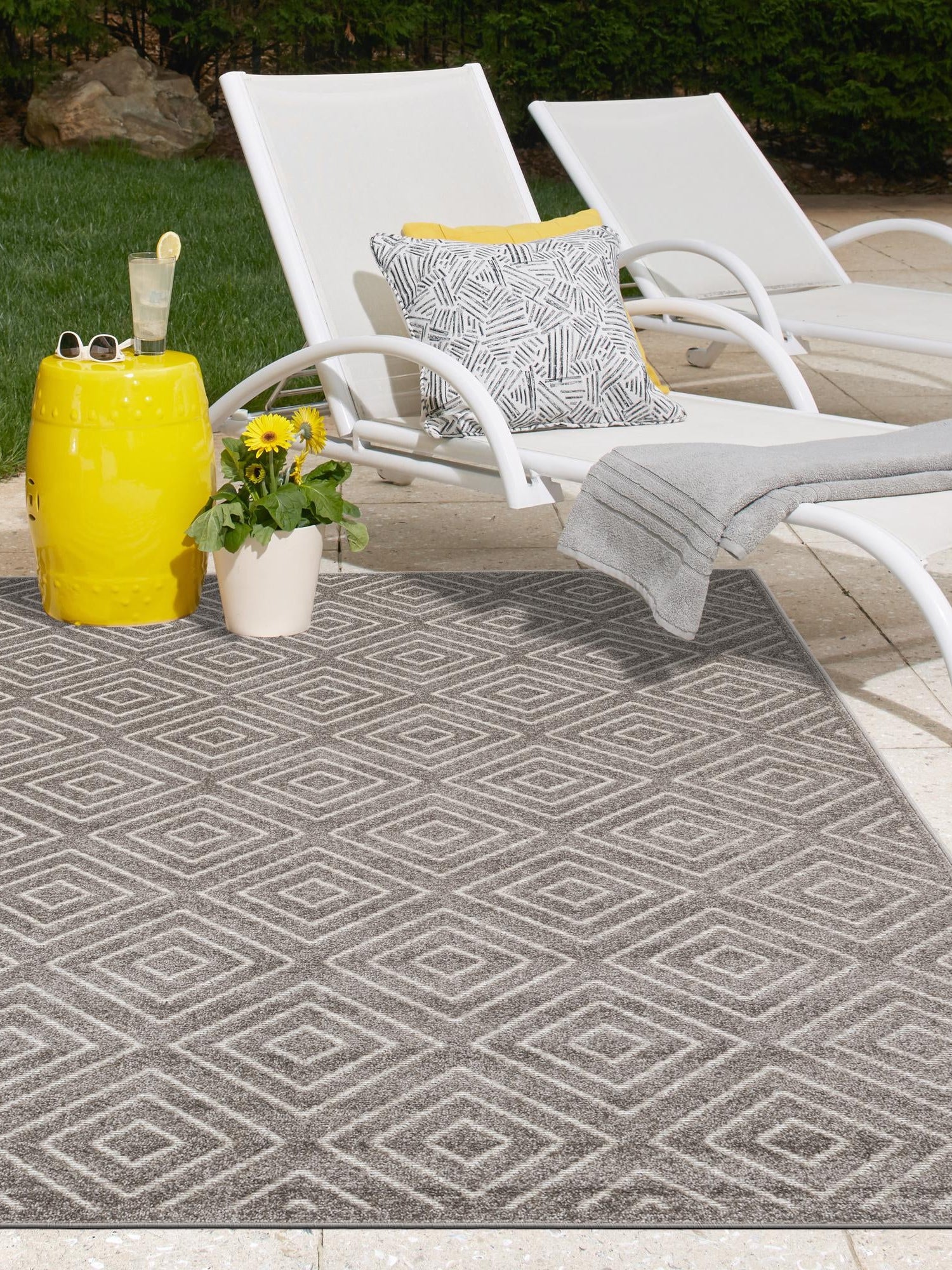 Gray 6' 1 x 9' Sabrina Soto Outdoor Rectangle Area Rug Weather Resistant for Patio, Deck, Terrace, Balcony, Porch Durable Carpet for Exterior Home Design for Sale at Rug Engine