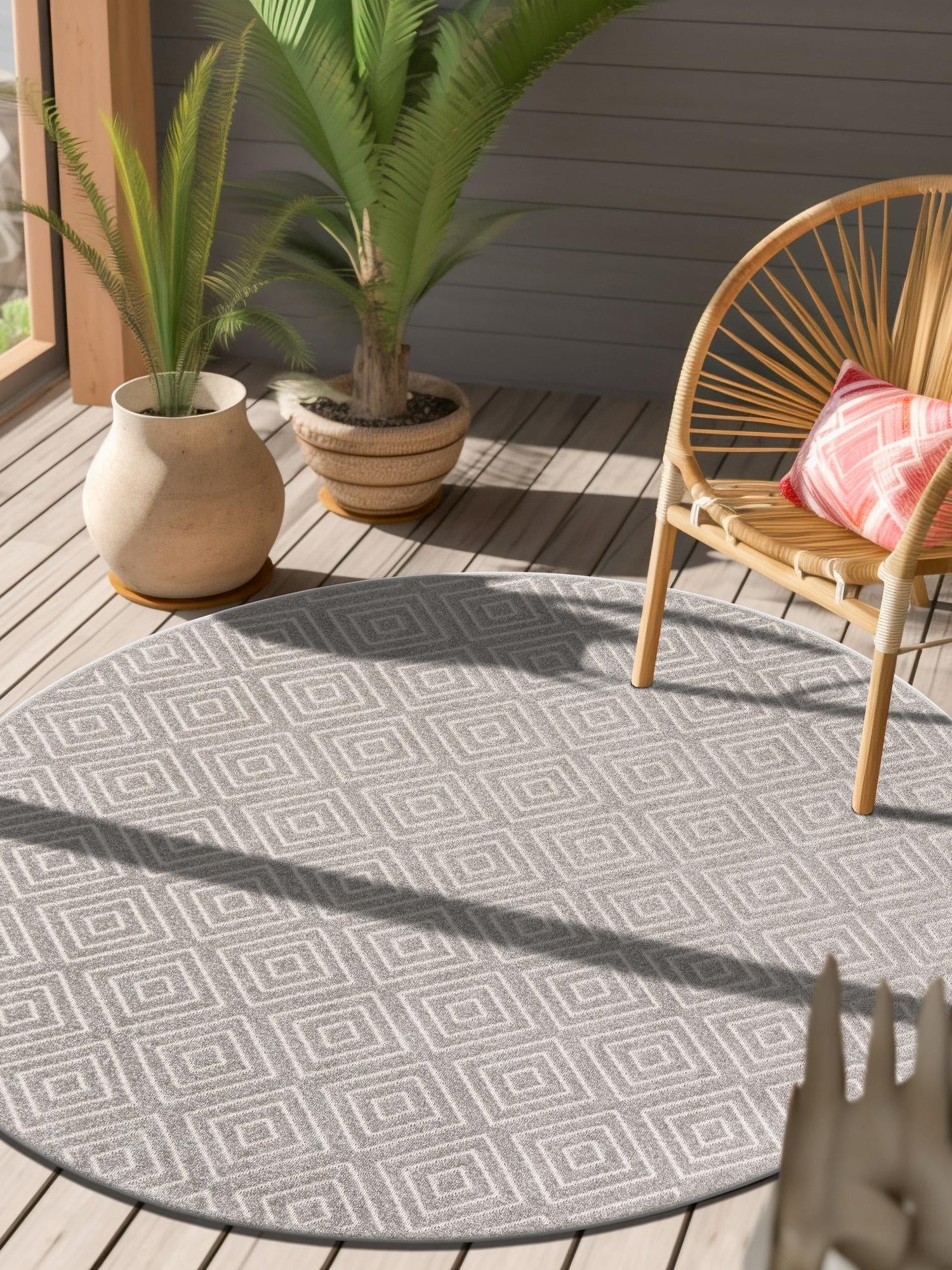 Gray 7' 10 x 7' 10 Sabrina Soto Outdoor Round Area Rug Weather Resistant for Patio, Deck, Terrace, Balcony, Porch Durable Carpet for Exterior Home Design for Sale at Rug Engine