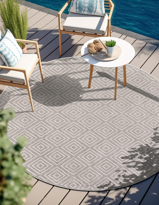 Gray 7' 10 x 7' 10 Sabrina Soto Outdoor Round Area Rug Weather Resistant for Patio, Deck, Terrace, Balcony, Porch Durable Carpet for Exterior Home Design for Sale at Rug Engine