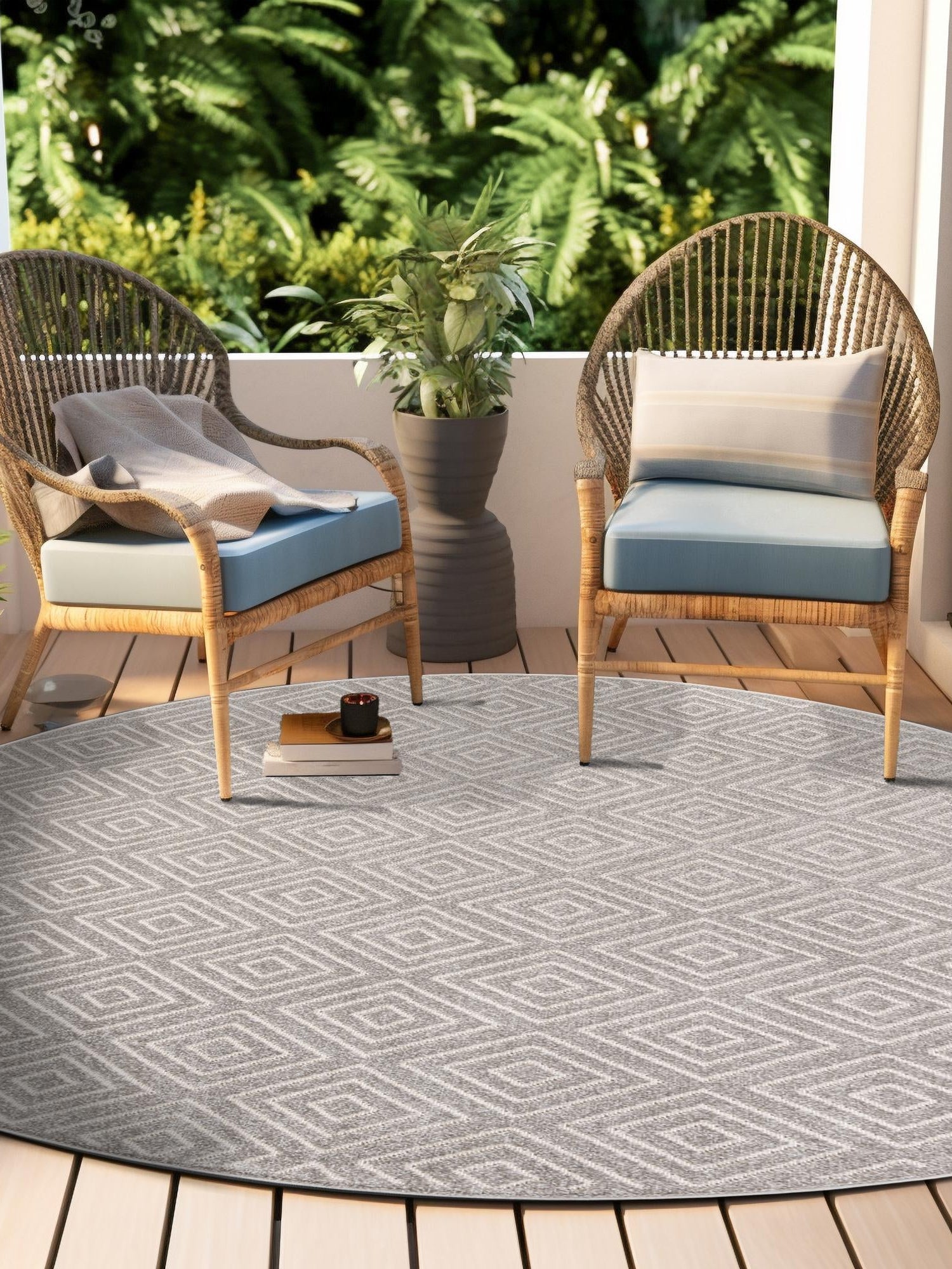 Gray 7' 10 x 7' 10 Sabrina Soto Outdoor Round Area Rug Weather Resistant for Patio, Deck, Terrace, Balcony, Porch Durable Carpet for Exterior Home Design for Sale at Rug Engine