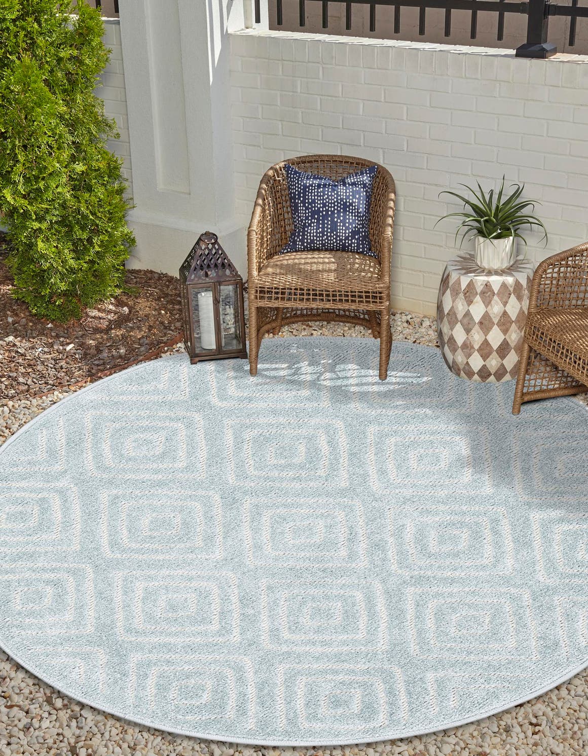Light Blue 7' 10 x 7' 10 Sabrina Soto Outdoor Round Area Rug Weather Resistant for Patio, Deck, Terrace, Balcony, Porch Durable Carpet for Exterior Home Design for Sale at Rug Engine