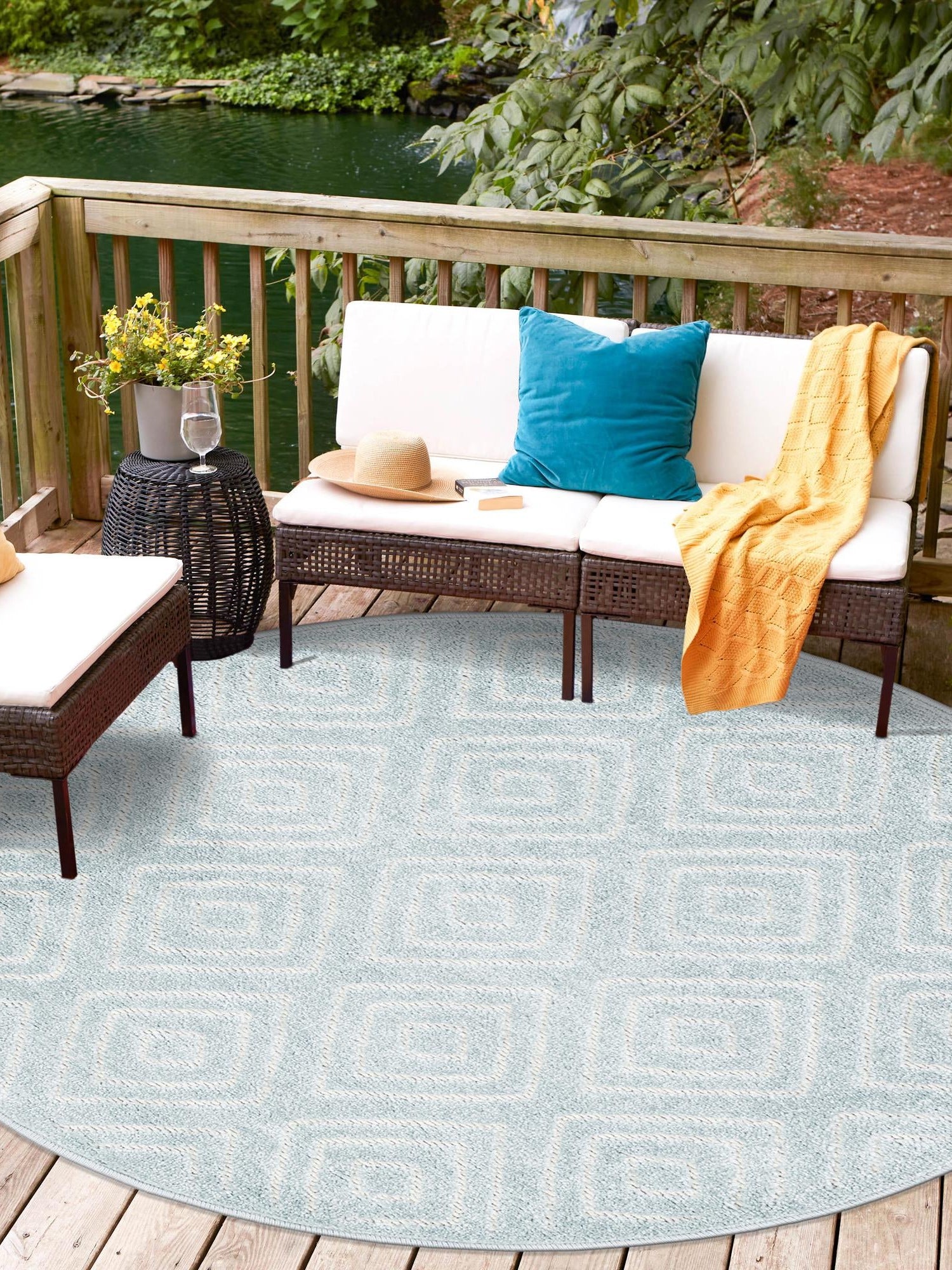 Light Blue 7' 10 x 7' 10 Sabrina Soto Outdoor Round Area Rug Weather Resistant for Patio, Deck, Terrace, Balcony, Porch Durable Carpet for Exterior Home Design for Sale at Rug Engine