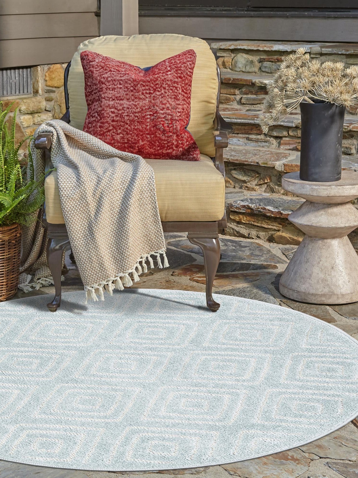 Light Blue 5' 1 x 5' 1 Sabrina Soto Outdoor Round Area Rug Weather Resistant for Patio, Deck, Terrace, Balcony, Porch Durable Carpet for Exterior Home Design for Sale at Rug Engine
