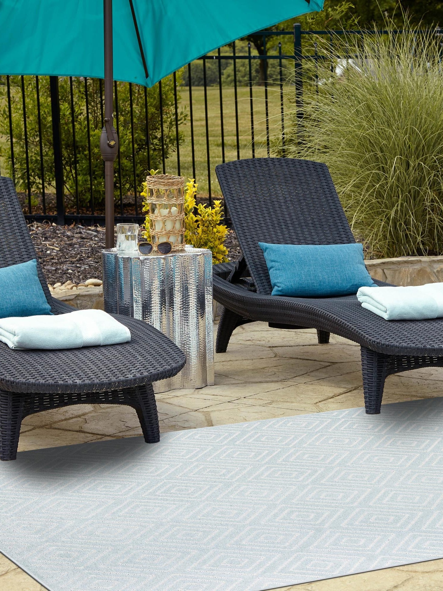 Light Blue 2' x 3' 1 Sabrina Soto Outdoor Rectangle Area Rug Weather Resistant for Patio, Deck, Terrace, Balcony, Porch Durable Carpet for Exterior Home Design for Sale at Rug Engine