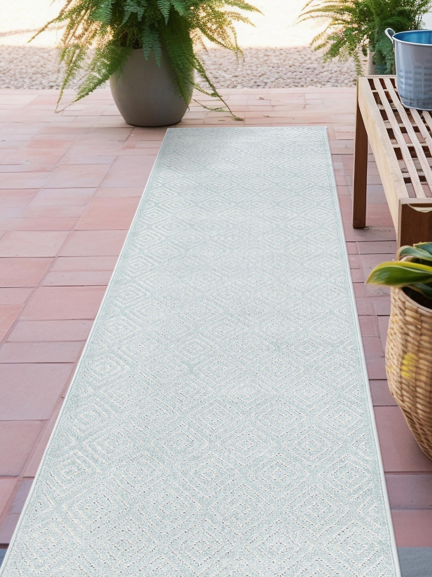 Light Blue 2' x 8' Sabrina Soto Outdoor Runner Area Rug Weather Resistant for Patio, Deck, Terrace, Balcony, Porch Durable Carpet for Exterior Home Design for Sale at Rug Engine