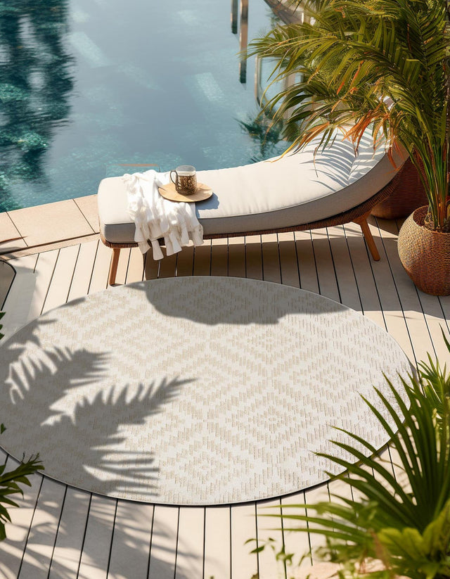 Beige and Ivory 3' 1 x 3' 1 Sabrina Soto Outdoor Round Area Rug Weather Resistant for Patio, Deck, Terrace, Balcony, Porch Durable Carpet for Exterior Home Design for Sale at Rug Engine