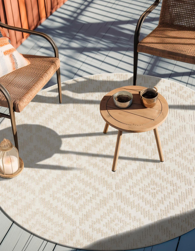Beige and Ivory 7' 10 x 7' 10 Sabrina Soto Outdoor Round Area Rug Weather Resistant for Patio, Deck, Terrace, Balcony, Porch Durable Carpet for Exterior Home Design for Sale at Rug Engine