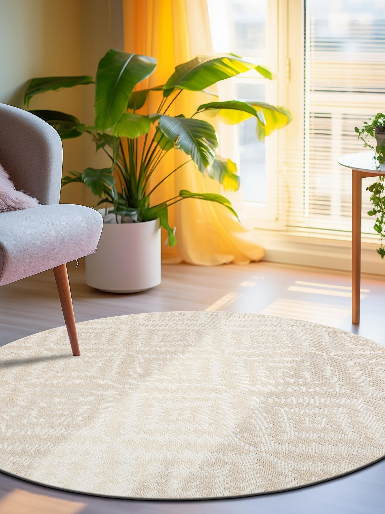 Beige and Ivory 7' 10 x 7' 10 Sabrina Soto Outdoor Round Area Rug Weather Resistant for Patio, Deck, Terrace, Balcony, Porch Durable Carpet for Exterior Home Design for Sale at Rug Engine
