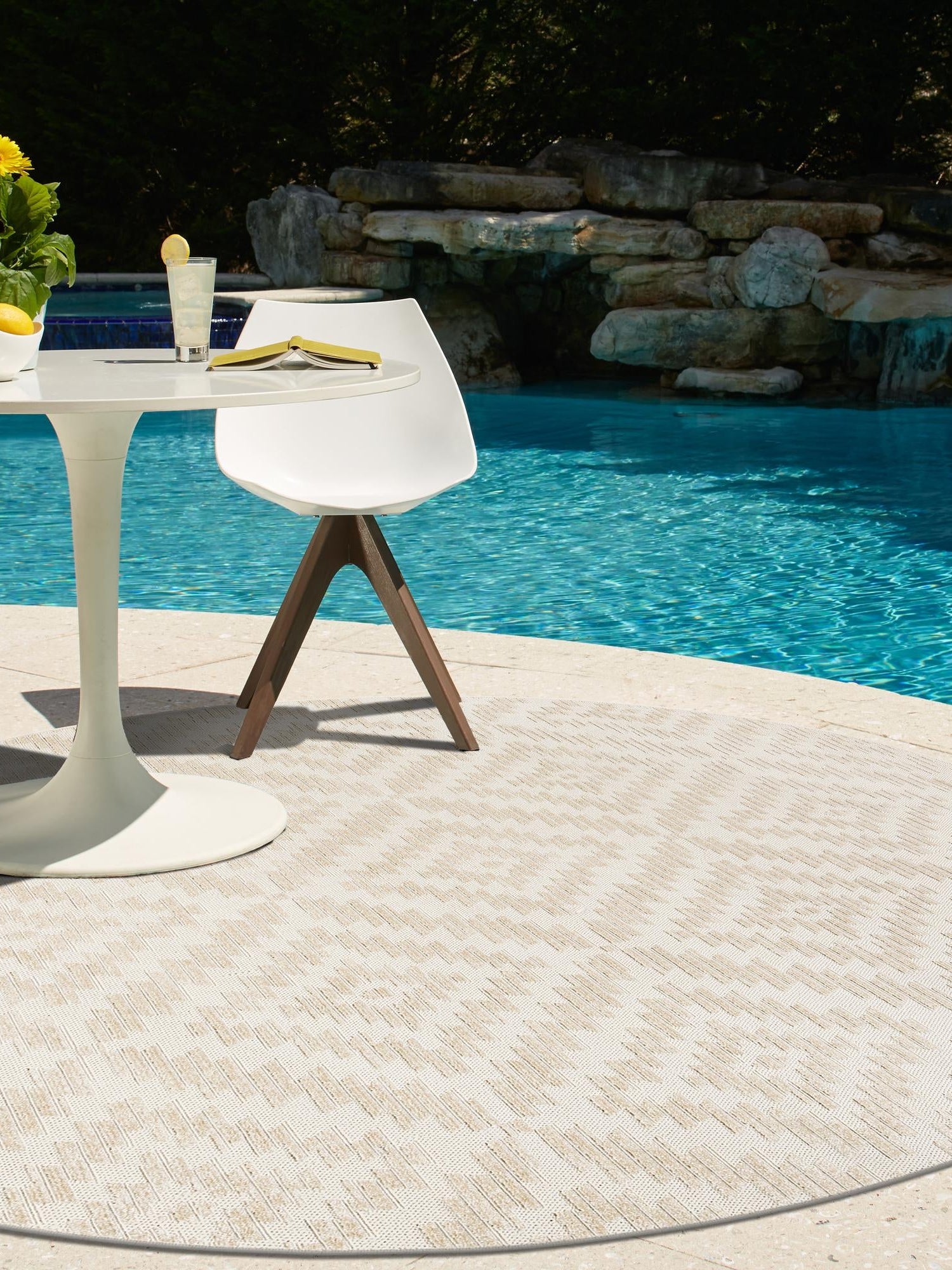 Beige and Ivory 7' 10 x 7' 10 Sabrina Soto Outdoor Round Area Rug Weather Resistant for Patio, Deck, Terrace, Balcony, Porch Durable Carpet for Exterior Home Design for Sale at Rug Engine