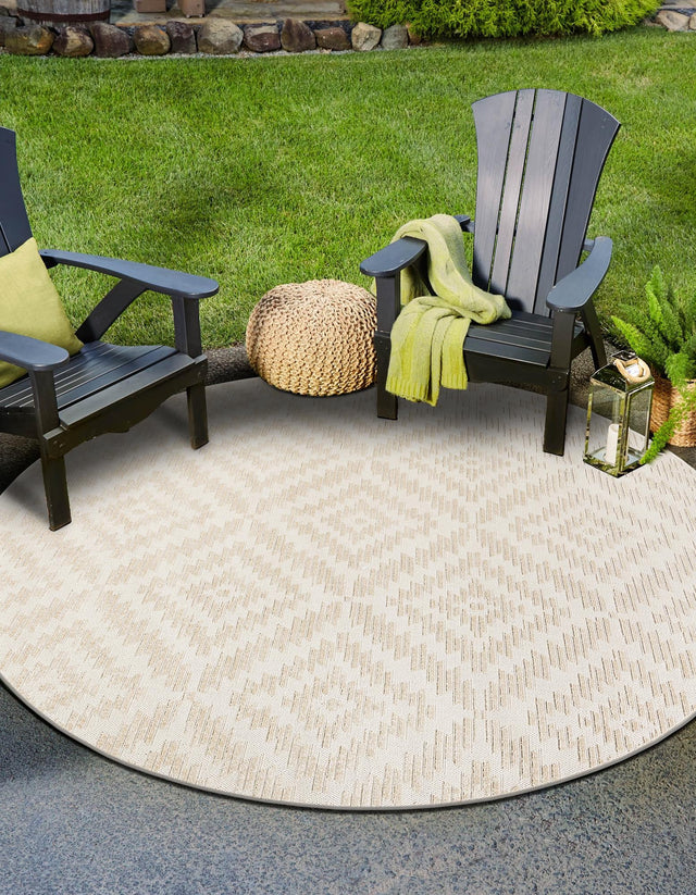 Beige and Ivory 10' x 10' Sabrina Soto Outdoor Round Area Rug Weather Resistant for Patio, Deck, Terrace, Balcony, Porch Durable Carpet for Exterior Home Design for Sale at Rug Engine
