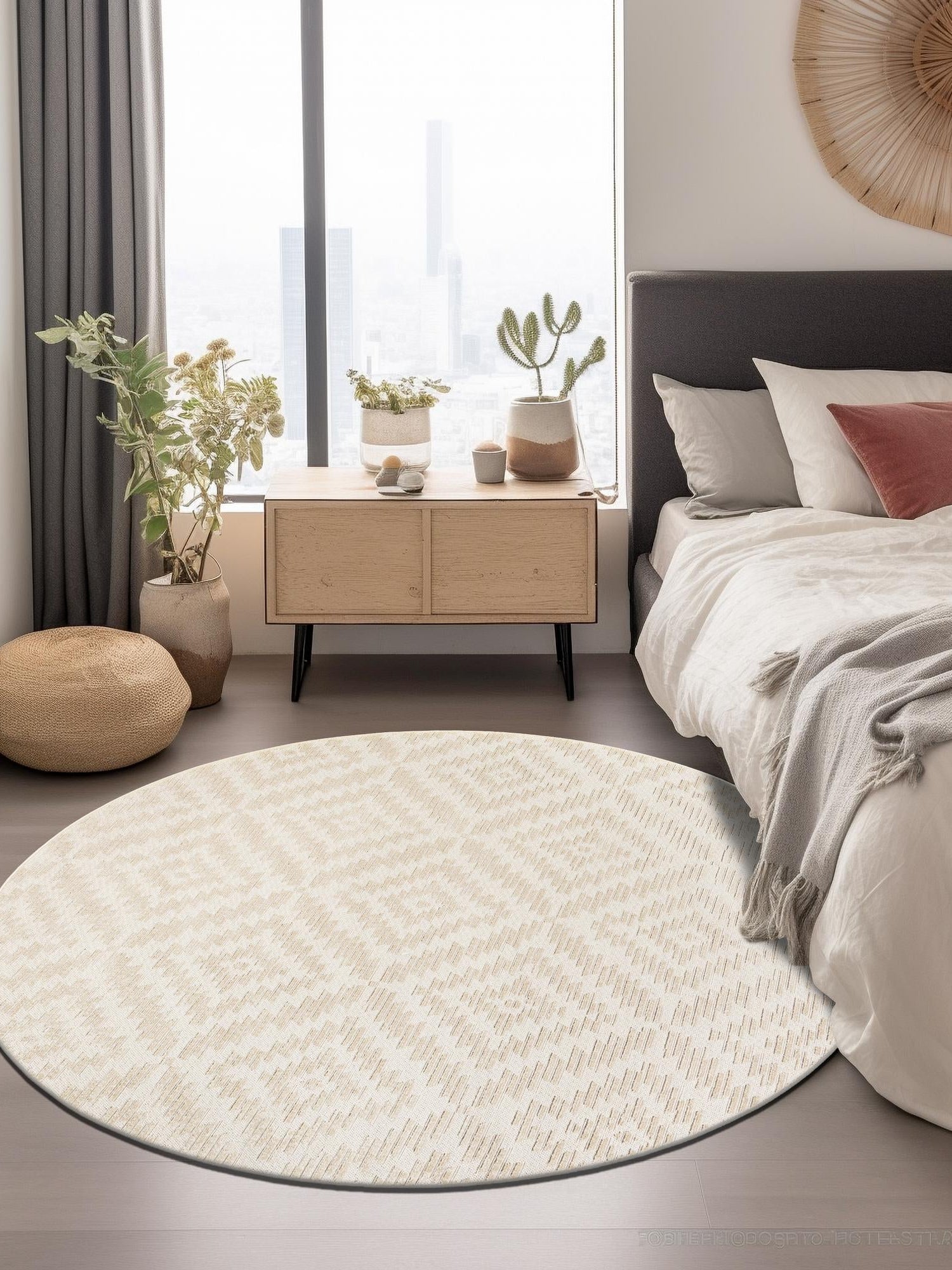 Beige and Ivory 7' 10 x 7' 10 Sabrina Soto Outdoor Round Area Rug Weather Resistant for Patio, Deck, Terrace, Balcony, Porch Durable Carpet for Exterior Home Design for Sale at Rug Engine