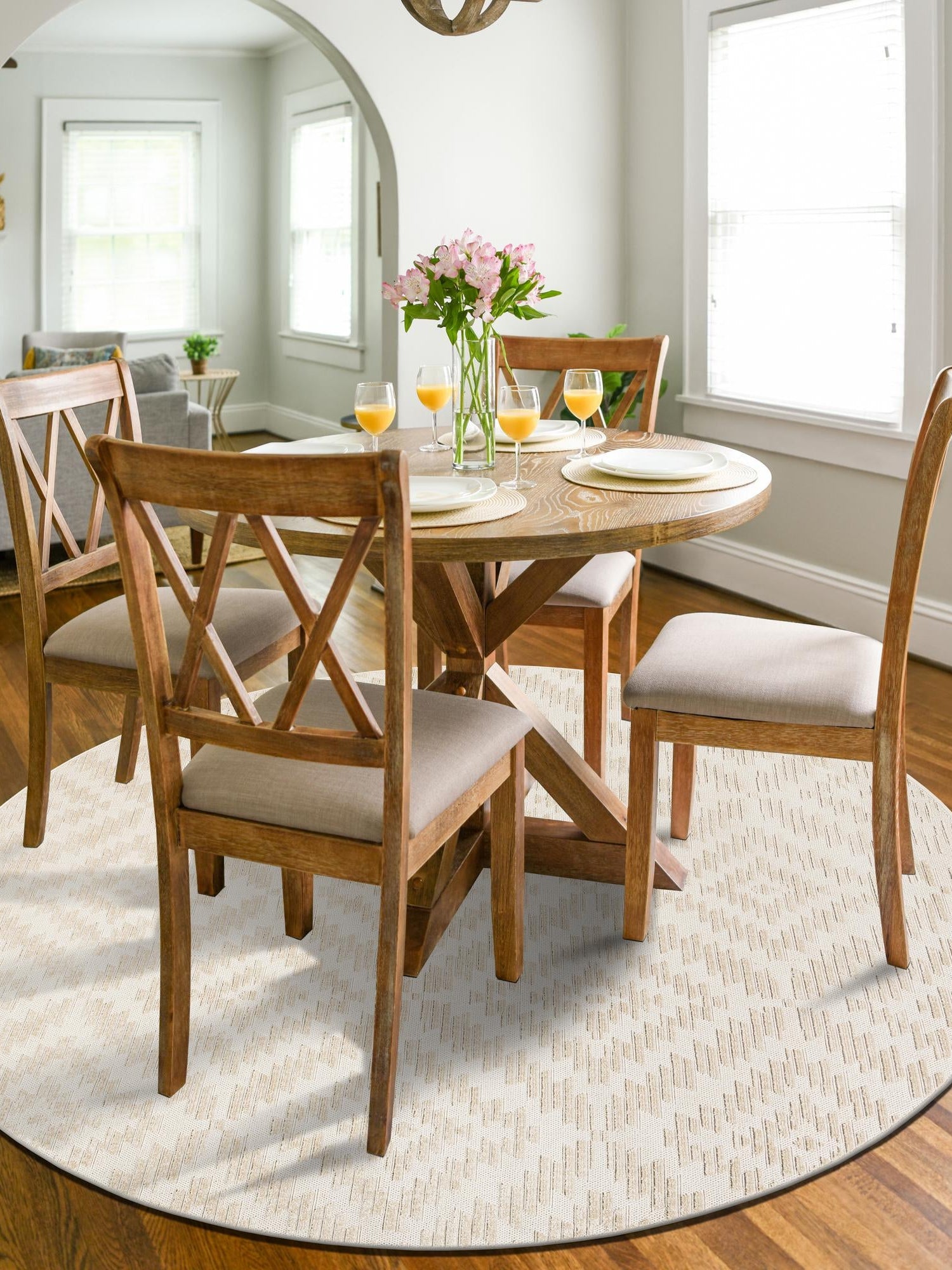 Beige and Ivory 7' 10 x 7' 10 Sabrina Soto Outdoor Round Area Rug Weather Resistant for Patio, Deck, Terrace, Balcony, Porch Durable Carpet for Exterior Home Design for Sale at Rug Engine