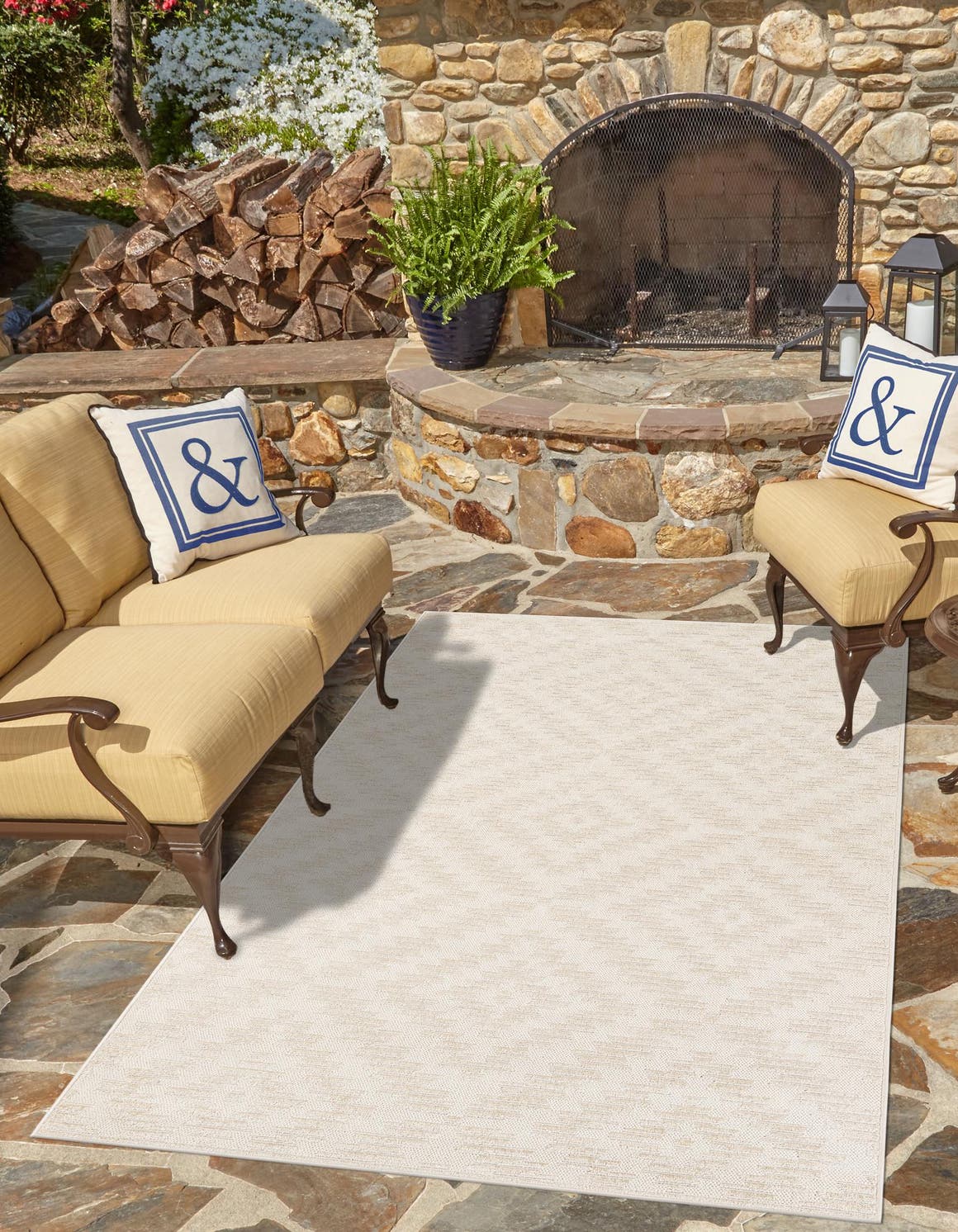 Beige and Ivory 9' x 12' Sabrina Soto Outdoor Rectangle Area Rug Weather Resistant for Patio, Deck, Terrace, Balcony, Porch Durable Carpet for Exterior Home Design for Sale at Rug Engine