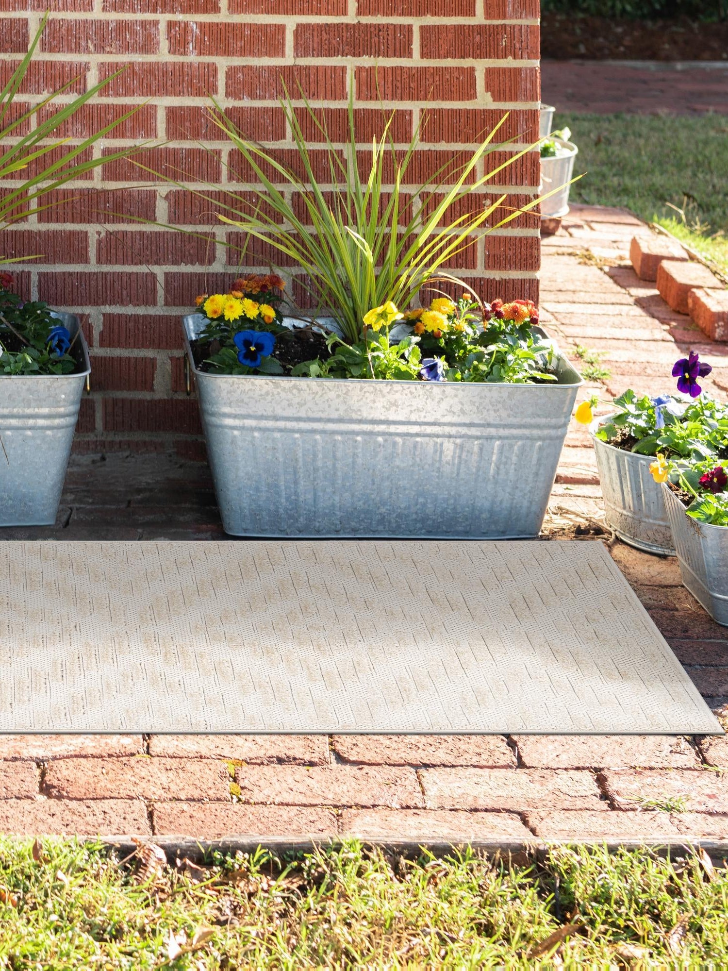 Beige and Ivory 2' x 6' 1 Sabrina Soto Outdoor Runner Area Rug Weather Resistant for Patio, Deck, Terrace, Balcony, Porch Durable Carpet for Exterior Home Design for Sale at Rug Engine