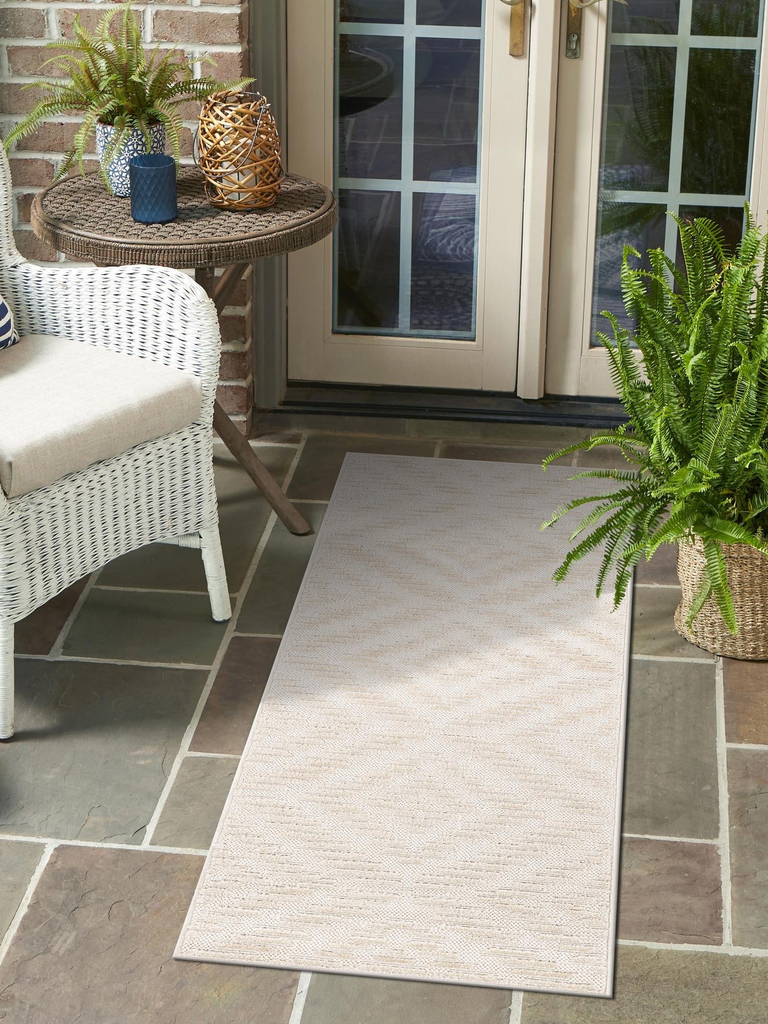 Beige and Ivory 2' x 6' 1 Sabrina Soto Outdoor Runner Area Rug Weather Resistant for Patio, Deck, Terrace, Balcony, Porch Durable Carpet for Exterior Home Design for Sale at Rug Engine