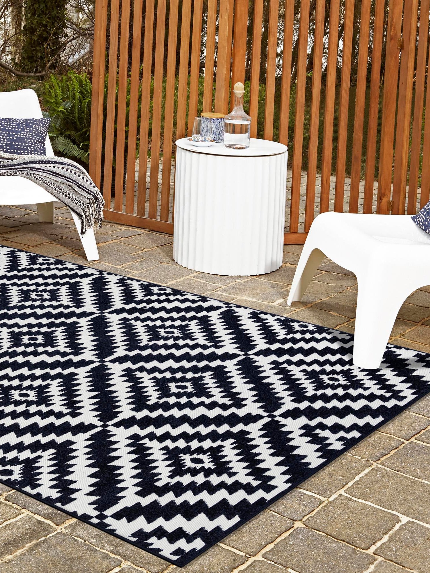 Navy Blue 5' 1 x 8' Sabrina Soto Outdoor Rectangle Area Rug Weather Resistant for Patio, Deck, Terrace, Balcony, Porch Durable Carpet for Exterior Home Design for Sale at Rug Engine