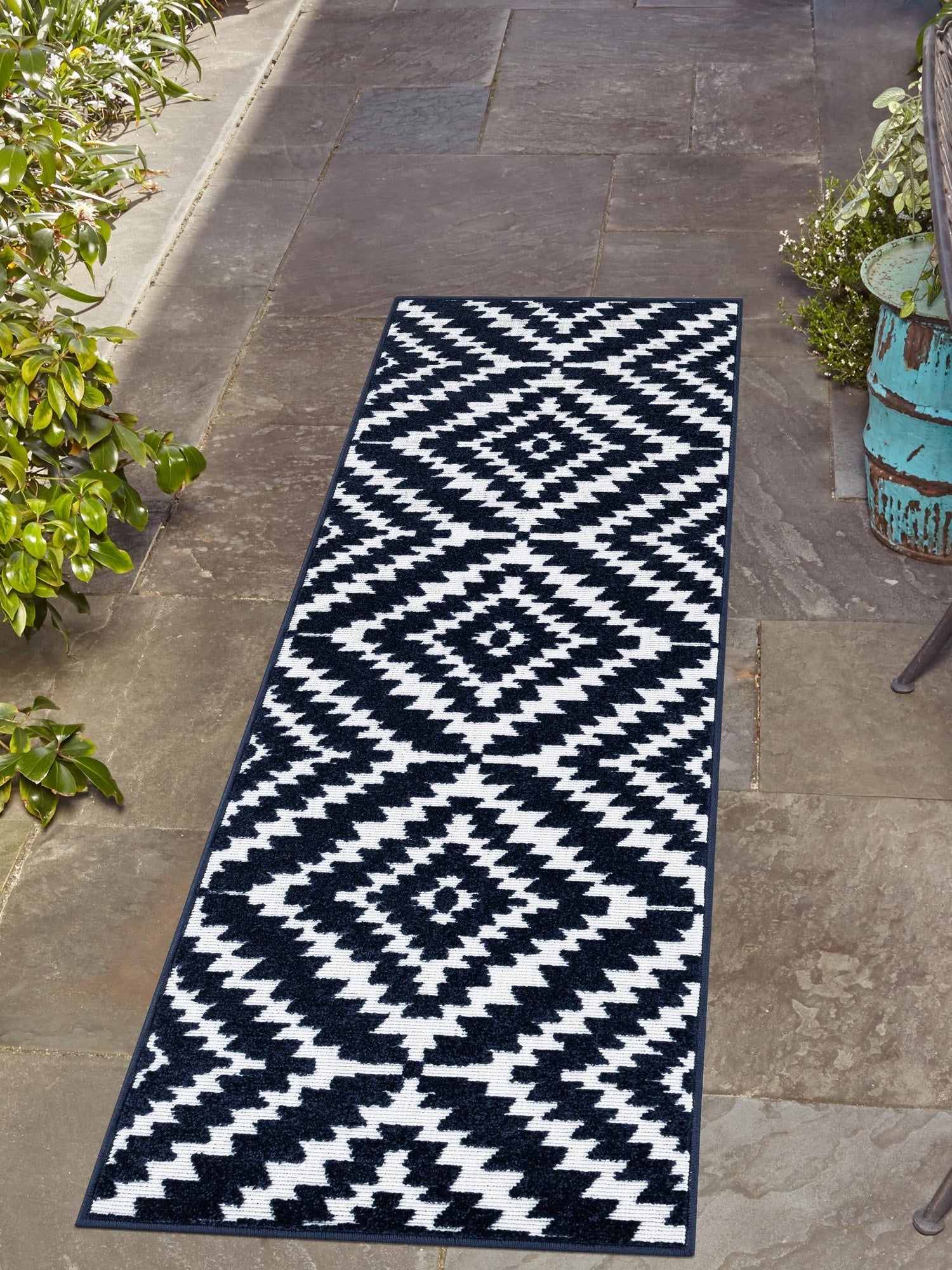 Navy Blue 2' 7 x 10' Sabrina Soto Outdoor Runner Area Rug Weather Resistant for Patio, Deck, Terrace, Balcony, Porch Durable Carpet for Exterior Home Design for Sale at Rug Engine