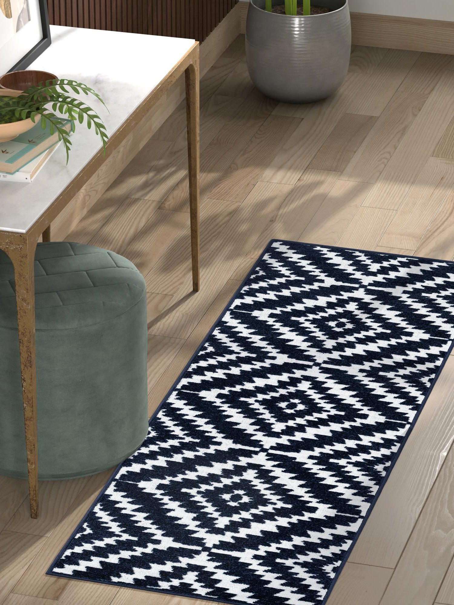 Navy Blue 2' 7 x 10' Sabrina Soto Outdoor Runner Area Rug Weather Resistant for Patio, Deck, Terrace, Balcony, Porch Durable Carpet for Exterior Home Design for Sale at Rug Engine