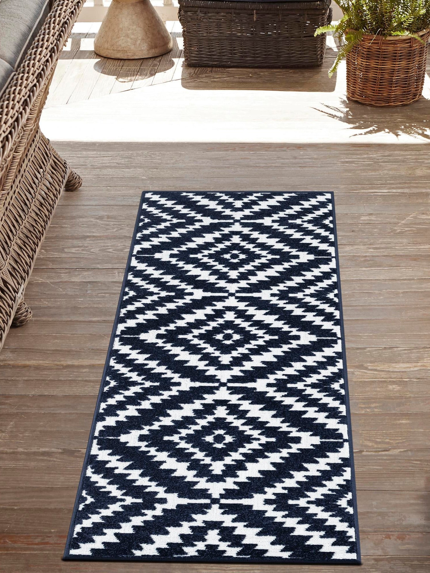 Navy Blue 2' 7 x 10' Sabrina Soto Outdoor Runner Area Rug Weather Resistant for Patio, Deck, Terrace, Balcony, Porch Durable Carpet for Exterior Home Design for Sale at Rug Engine