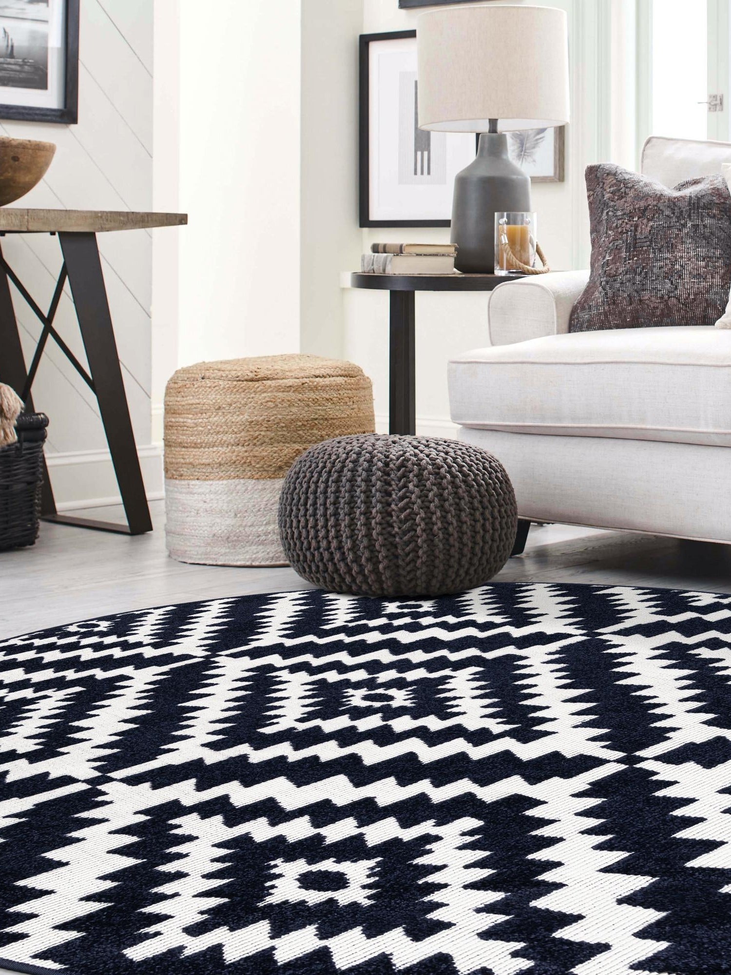 Navy Blue 5' 1 x 5' 1 Sabrina Soto Outdoor Round Area Rug Weather Resistant for Patio, Deck, Terrace, Balcony, Porch Durable Carpet for Exterior Home Design for Sale at Rug Engine