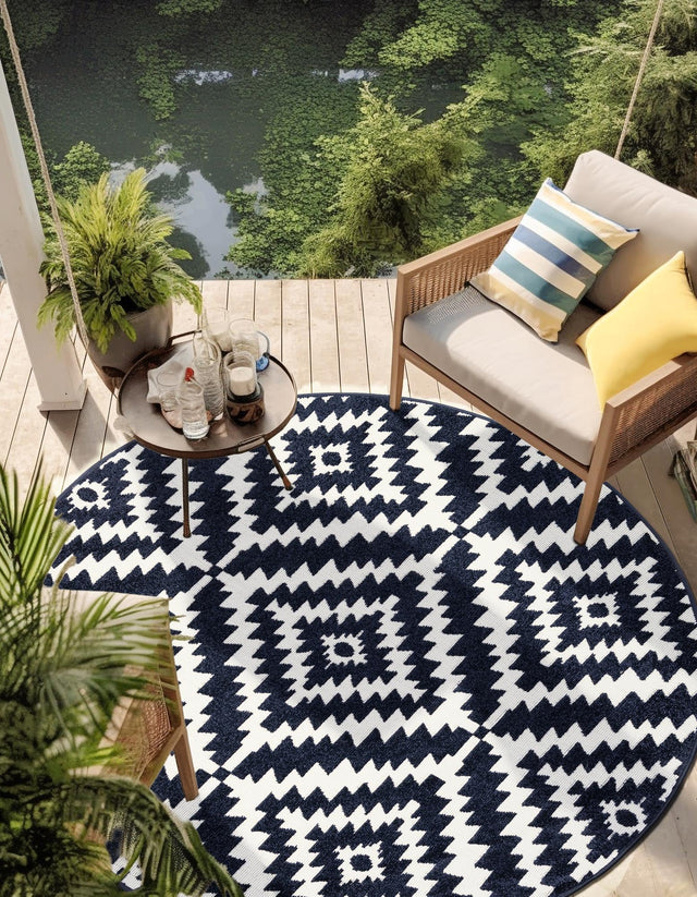 Navy Blue 10' x 10' Sabrina Soto Outdoor Round Area Rug Weather Resistant for Patio, Deck, Terrace, Balcony, Porch Durable Carpet for Exterior Home Design for Sale at Rug Engine