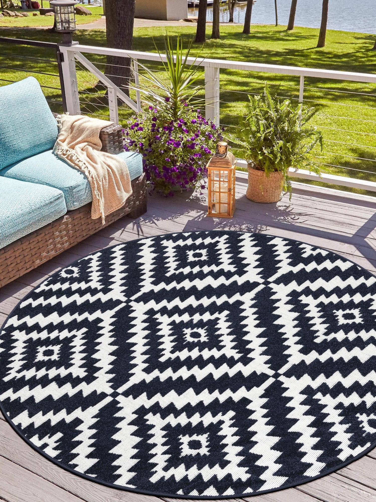 Navy Blue 7' 10 x 7' 10 Sabrina Soto Outdoor Round Area Rug Weather Resistant for Patio, Deck, Terrace, Balcony, Porch Durable Carpet for Exterior Home Design for Sale at Rug Engine