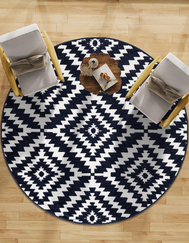 Navy Blue 5' 1 x 5' 1 Sabrina Soto Outdoor Round Area Rug Weather Resistant for Patio, Deck, Terrace, Balcony, Porch Durable Carpet for Exterior Home Design for Sale at Rug Engine