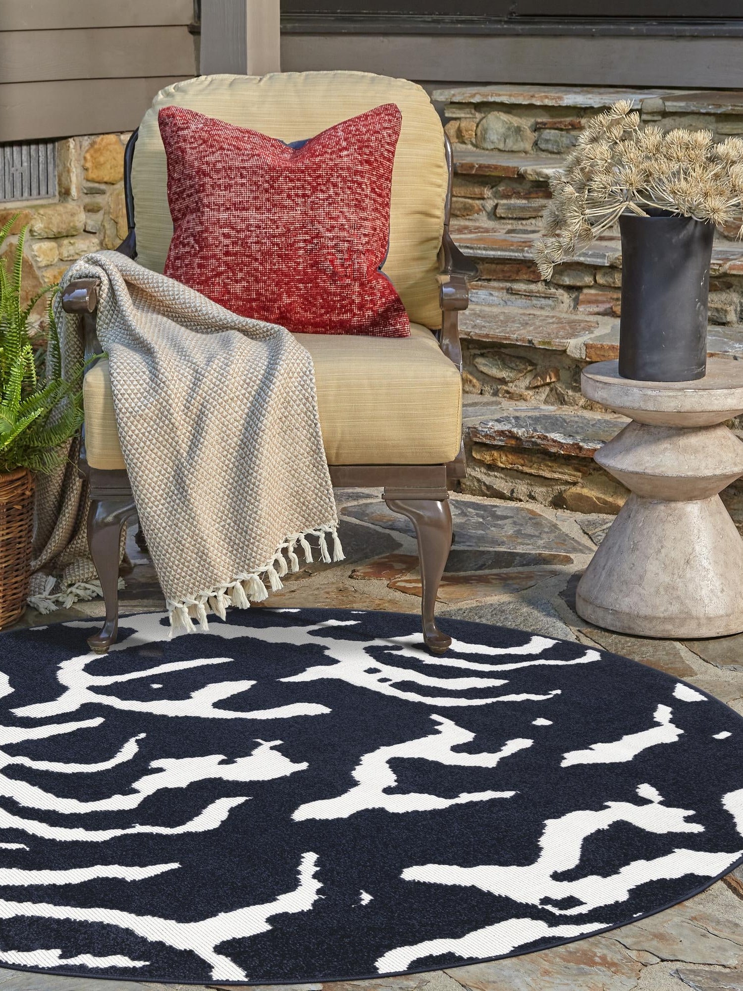 Navy Blue 3' 1 x 3' 1 Sabrina Soto Outdoor Round Area Rug Weather Resistant for Patio, Deck, Terrace, Balcony, Porch Durable Carpet for Exterior Home Design for Sale at Rug Engine