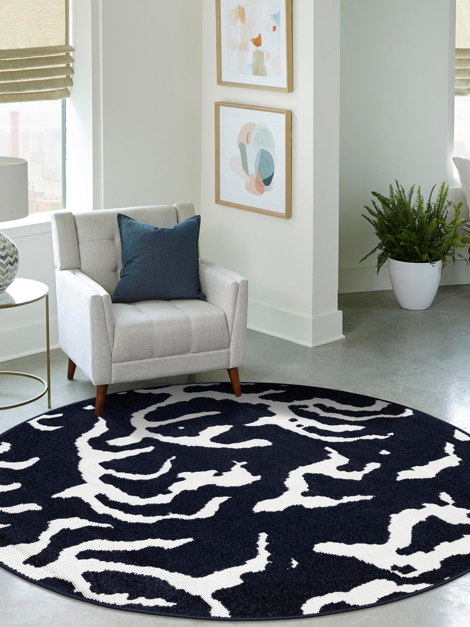 Navy Blue 10' x 10' Sabrina Soto Outdoor Round Area Rug Weather Resistant for Patio, Deck, Terrace, Balcony, Porch Durable Carpet for Exterior Home Design for Sale at Rug Engine