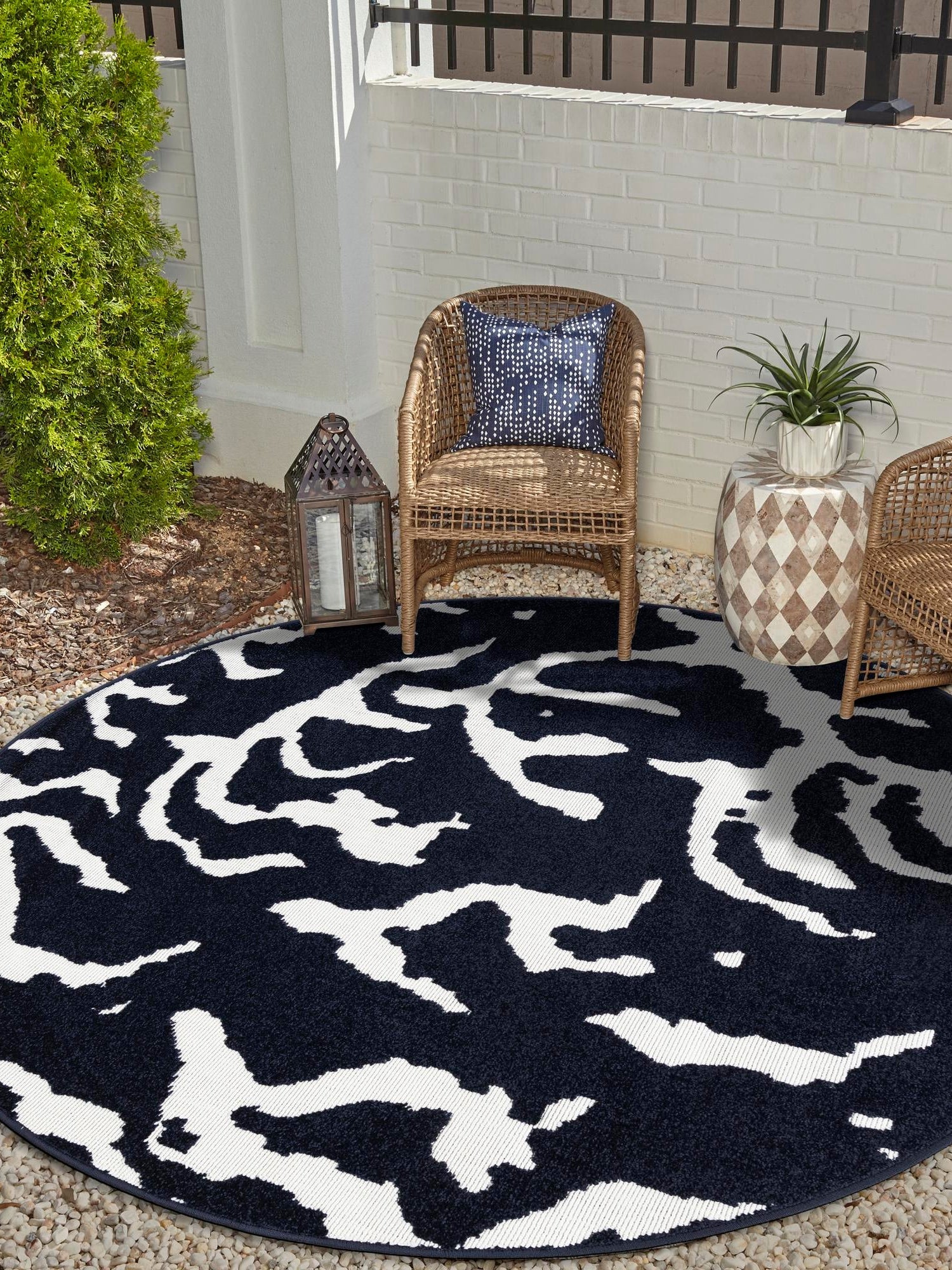 Navy Blue 5' 1 x 5' 1 Sabrina Soto Outdoor Round Area Rug Weather Resistant for Patio, Deck, Terrace, Balcony, Porch Durable Carpet for Exterior Home Design for Sale at Rug Engine