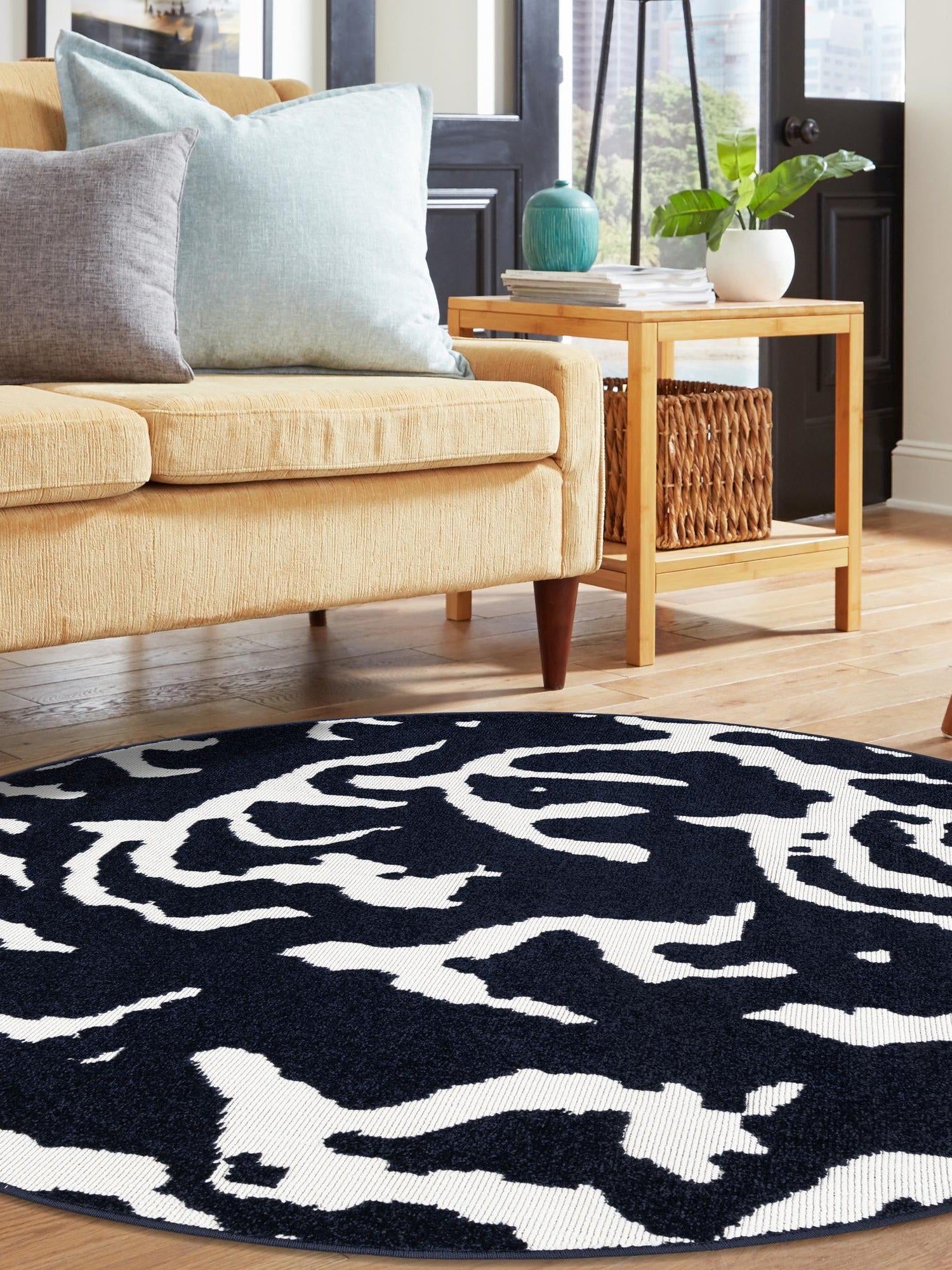 Navy Blue 10' x 10' Sabrina Soto Outdoor Round Area Rug Weather Resistant for Patio, Deck, Terrace, Balcony, Porch Durable Carpet for Exterior Home Design for Sale at Rug Engine