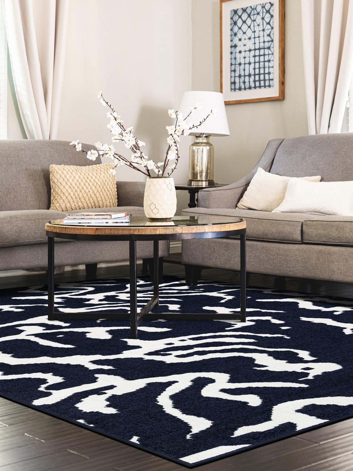Navy Blue 9' x 12' Sabrina Soto Outdoor Rectangle Area Rug Weather Resistant for Patio, Deck, Terrace, Balcony, Porch Durable Carpet for Exterior Home Design for Sale at Rug Engine