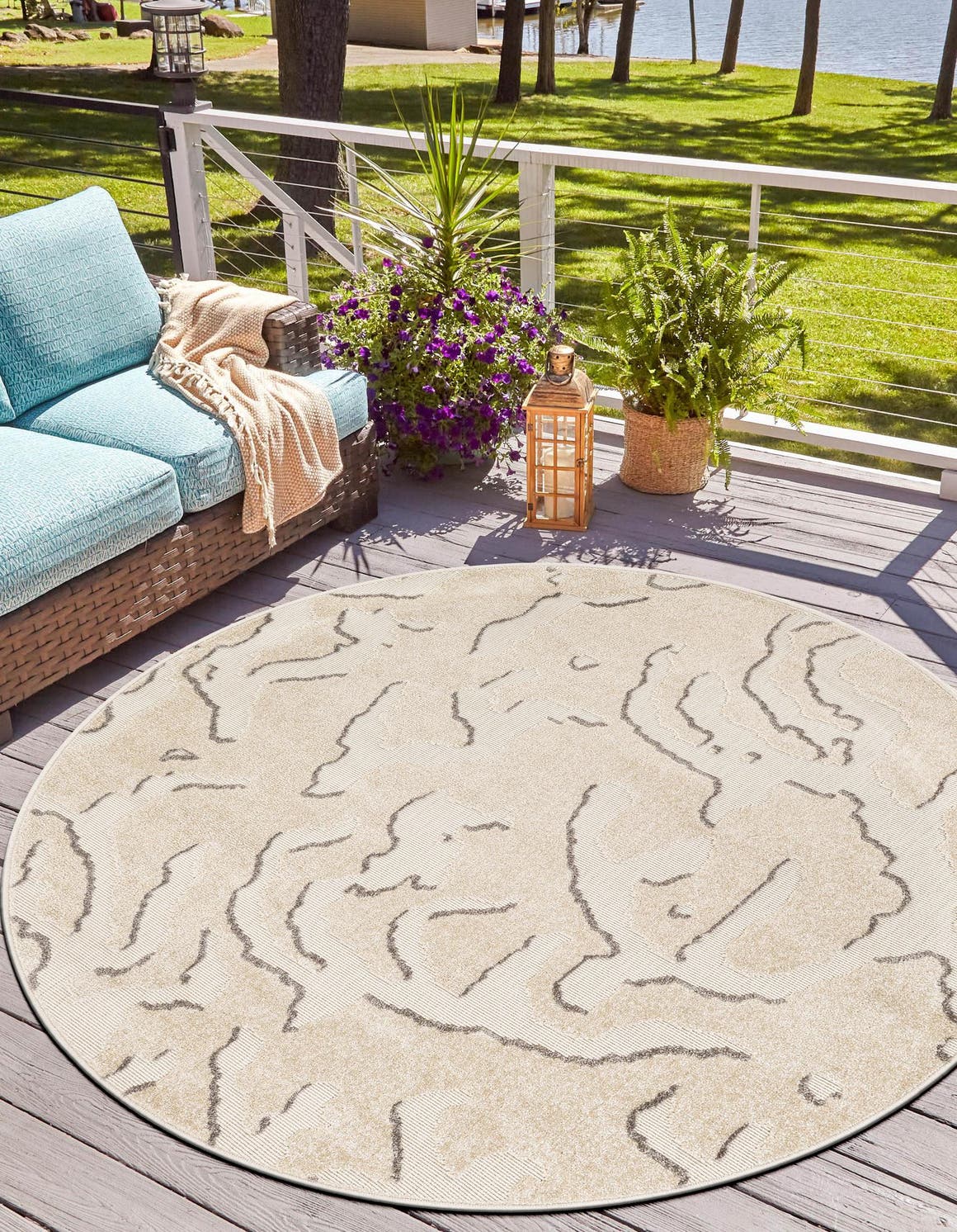 Beige and Ivory 7' 10 x 7' 10 Sabrina Soto Outdoor Round Area Rug Weather Resistant for Patio, Deck, Terrace, Balcony, Porch Durable Carpet for Exterior Home Design for Sale at Rug Engine