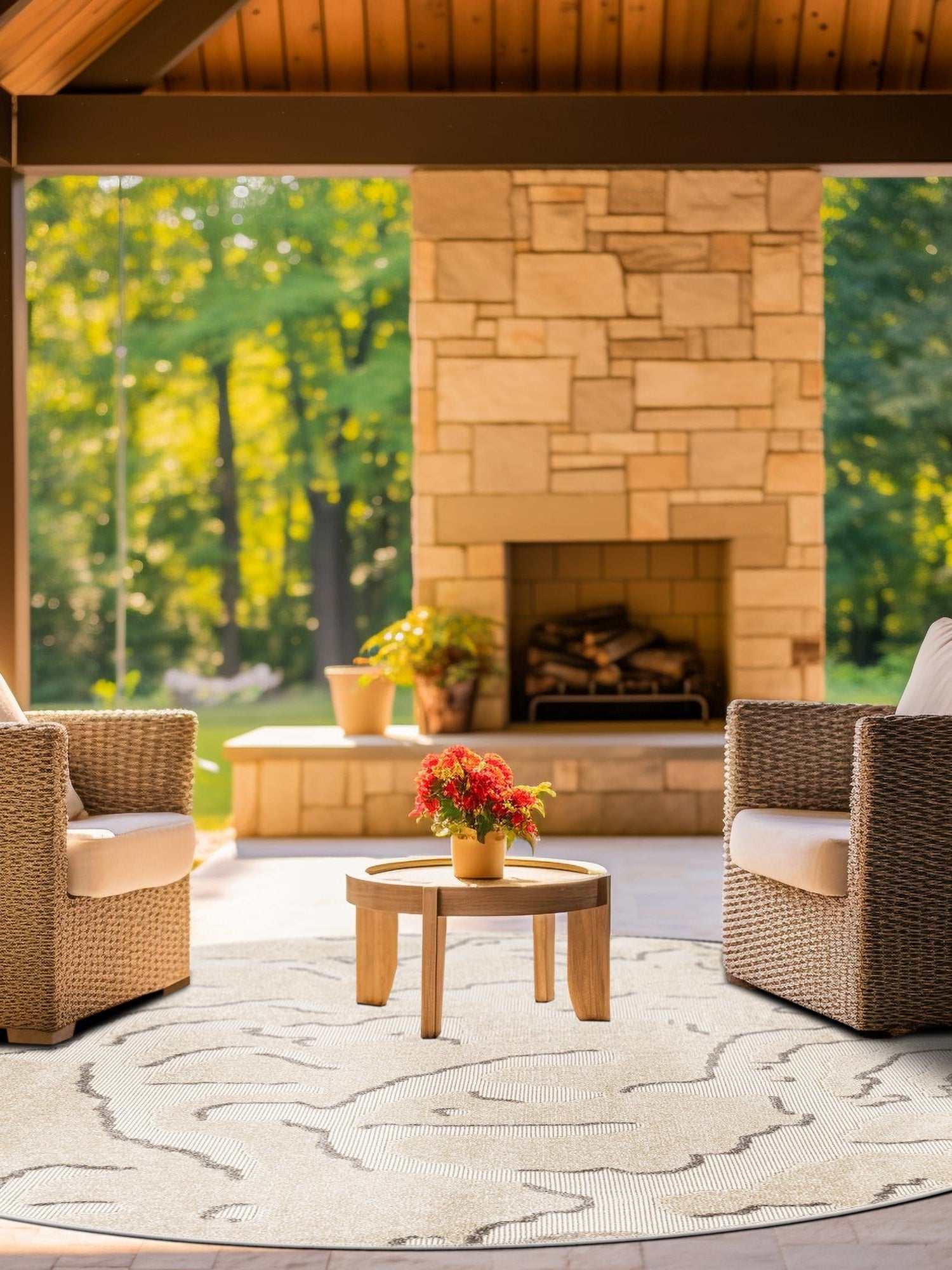 Beige and Ivory 10' x 10' Sabrina Soto Outdoor Round Area Rug Weather Resistant for Patio, Deck, Terrace, Balcony, Porch Durable Carpet for Exterior Home Design for Sale at Rug Engine