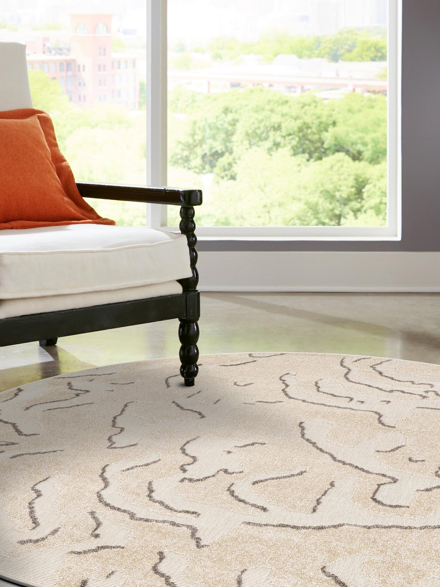 Beige and Ivory 7' 10 x 7' 10 Sabrina Soto Outdoor Round Area Rug Weather Resistant for Patio, Deck, Terrace, Balcony, Porch Durable Carpet for Exterior Home Design for Sale at Rug Engine