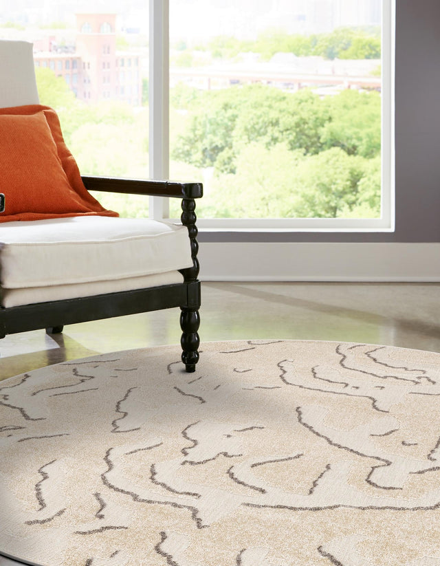 Beige and Ivory 7' 10 x 7' 10 Sabrina Soto Outdoor Round Area Rug Weather Resistant for Patio, Deck, Terrace, Balcony, Porch Durable Carpet for Exterior Home Design for Sale at Rug Engine