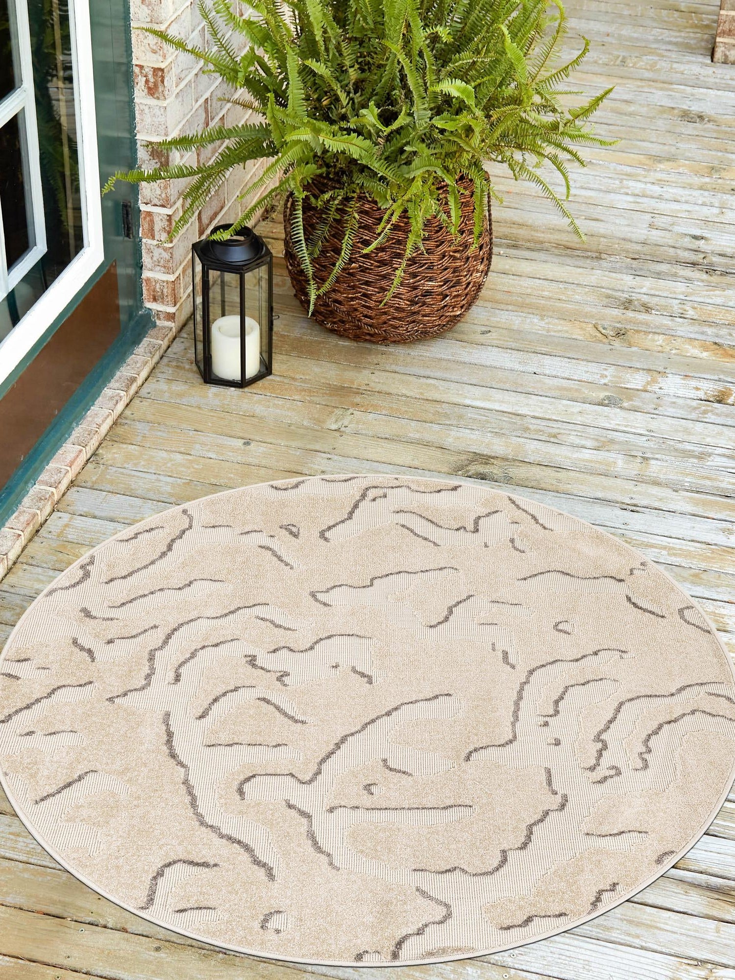 Beige and Ivory 10' x 10' Sabrina Soto Outdoor Round Area Rug Weather Resistant for Patio, Deck, Terrace, Balcony, Porch Durable Carpet for Exterior Home Design for Sale at Rug Engine