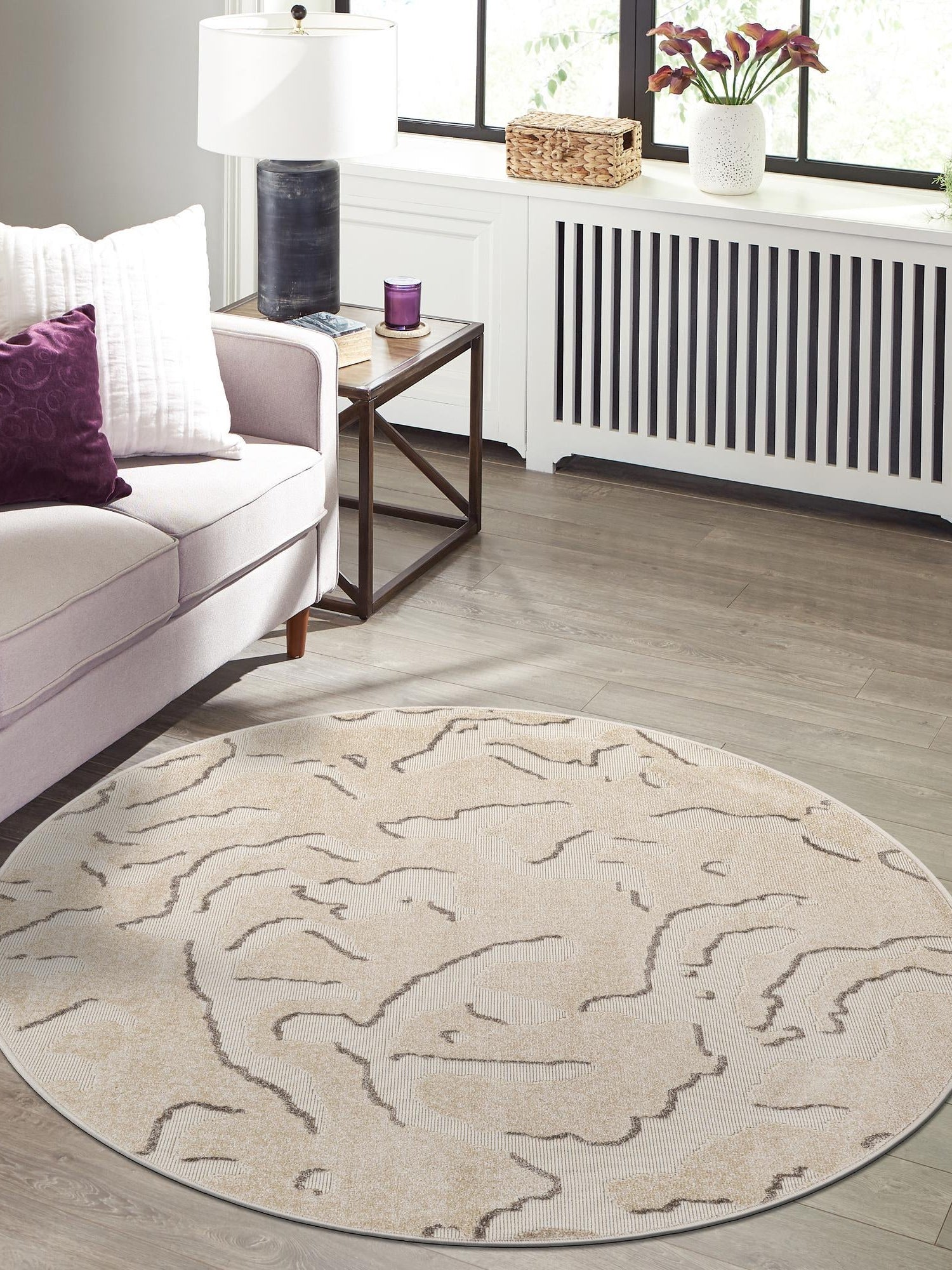 Beige and Ivory 3' 1 x 3' 1 Sabrina Soto Outdoor Round Area Rug Weather Resistant for Patio, Deck, Terrace, Balcony, Porch Durable Carpet for Exterior Home Design for Sale at Rug Engine