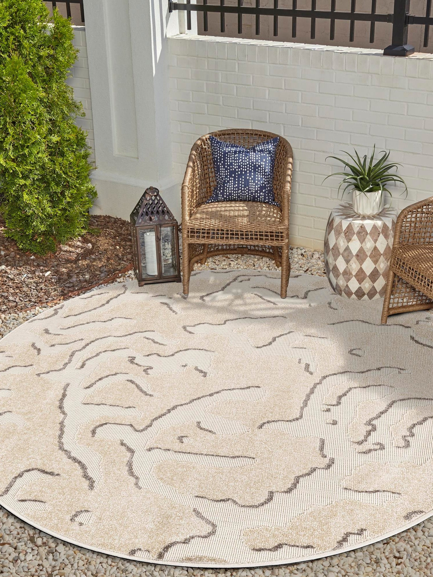 Beige and Ivory 3' 1 x 3' 1 Sabrina Soto Outdoor Round Area Rug Weather Resistant for Patio, Deck, Terrace, Balcony, Porch Durable Carpet for Exterior Home Design for Sale at Rug Engine