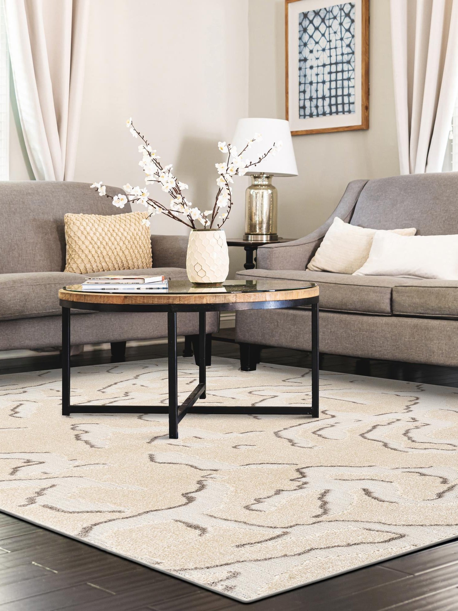 Beige and Ivory 5' 1 x 8' Sabrina Soto Outdoor Rectangle Area Rug Weather Resistant for Patio, Deck, Terrace, Balcony, Porch Durable Carpet for Exterior Home Design for Sale at Rug Engine