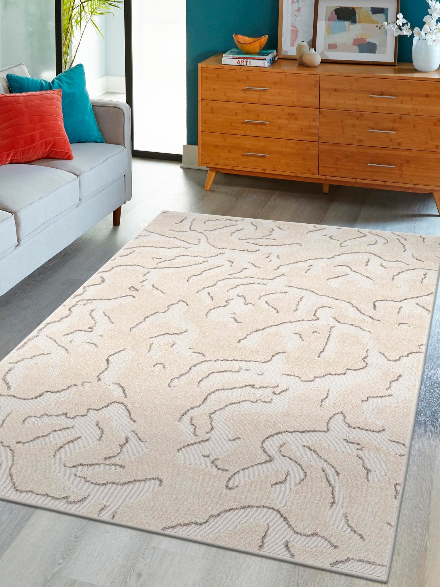 Beige and Ivory 4' 1 x 6' 1 Sabrina Soto Outdoor Rectangle Area Rug Weather Resistant for Patio, Deck, Terrace, Balcony, Porch Durable Carpet for Exterior Home Design for Sale at Rug Engine