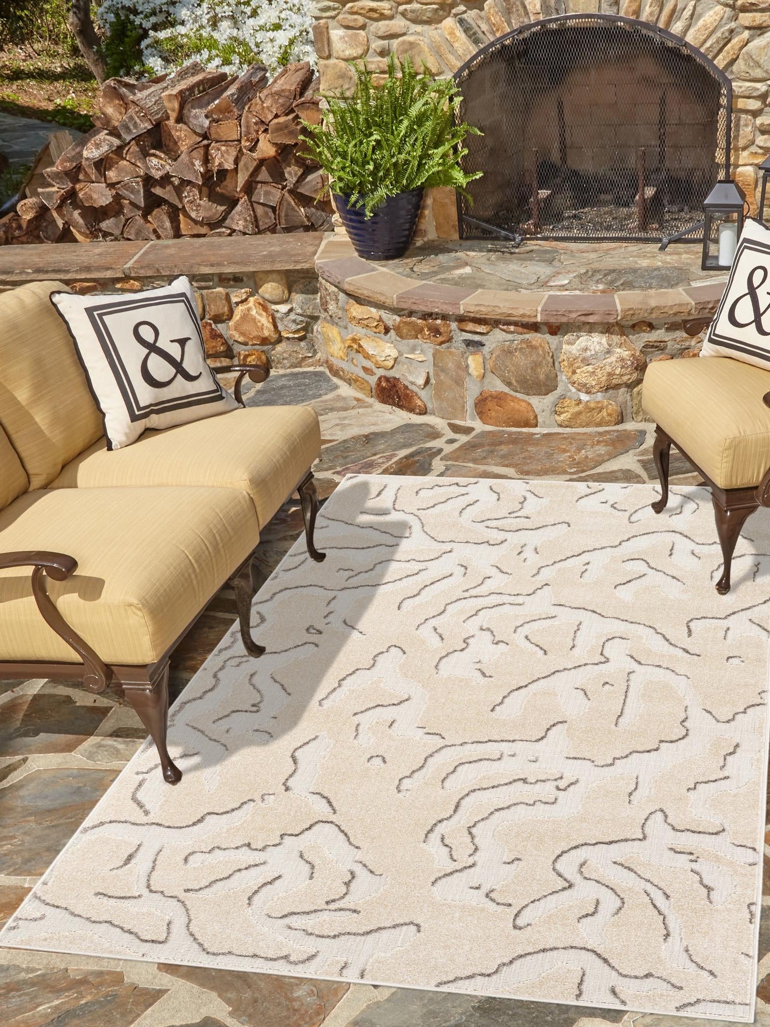 Beige and Ivory 6' 1 x 9' Sabrina Soto Outdoor Rectangle Area Rug Weather Resistant for Patio, Deck, Terrace, Balcony, Porch Durable Carpet for Exterior Home Design for Sale at Rug Engine