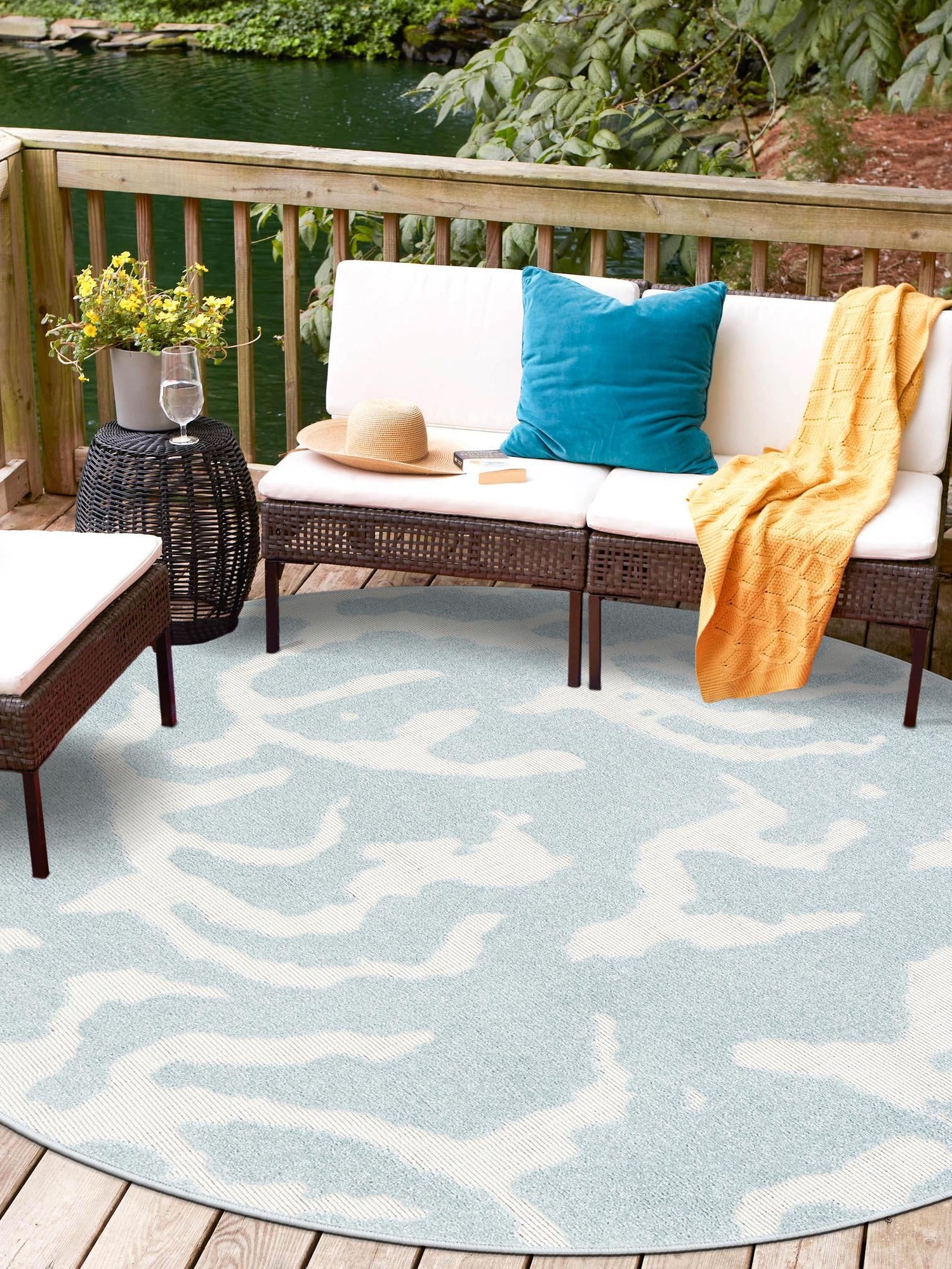 Light Blue 5' 1 x 5' 1 Sabrina Soto Outdoor Round Area Rug Weather Resistant for Patio, Deck, Terrace, Balcony, Porch Durable Carpet for Exterior Home Design for Sale at Rug Engine